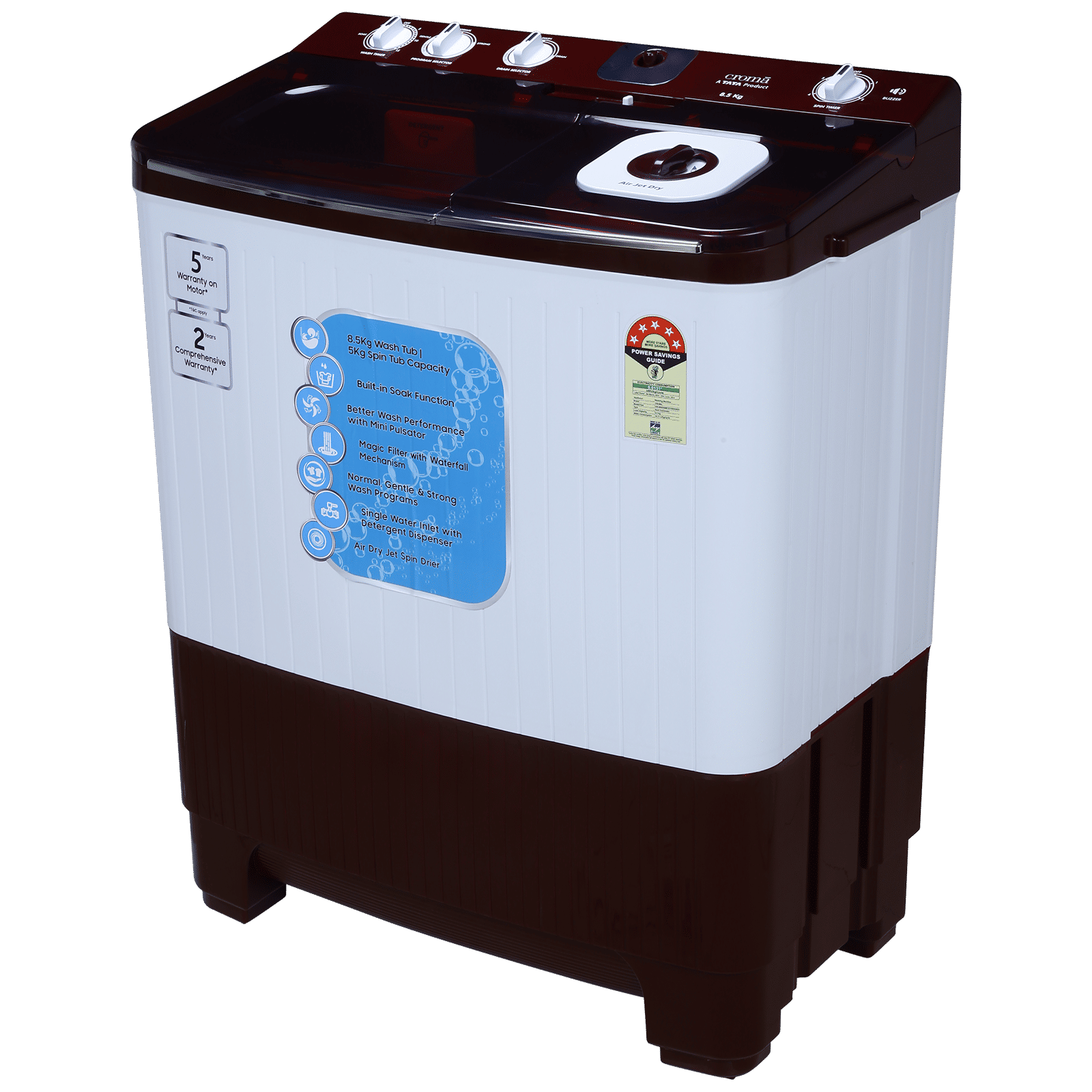 Croma 8.5 kg 5 Star Semi Automatic Washing Machine with Active Soak Function ( Burgundy)_4