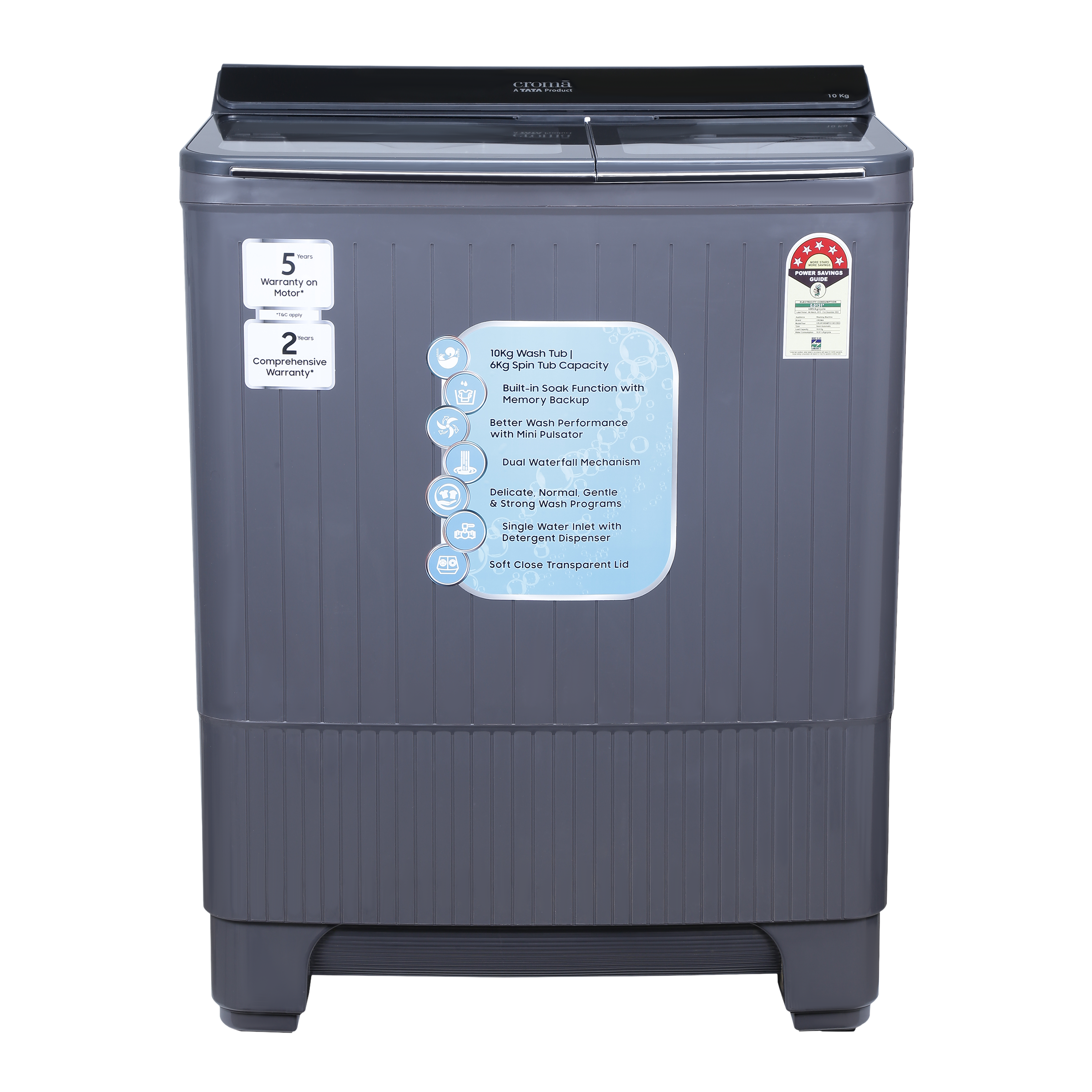 Croma 10 kg 5 Star Semi Automatic Washing Machine with Dual Waterfall Mechanism ( Dark Grey) Croma 10 kg 5 Star Semi Automatic Washing Machine with Dual Waterfall Mechanism ( Dark Grey)_10