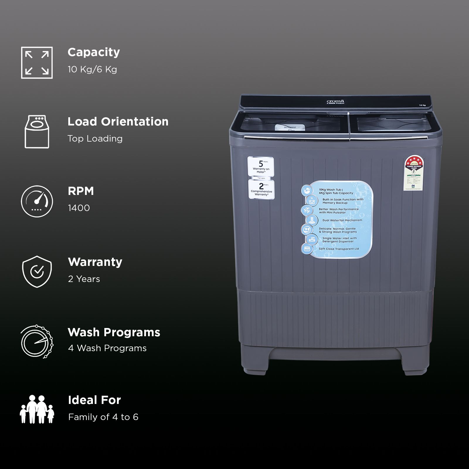 Croma 10 kg 5 Star Semi Automatic Washing Machine with Dual Waterfall Mechanism ( Dark Grey) Croma 10 kg 5 Star Semi Automatic Washing Machine with Dual Waterfall Mechanism ( Dark Grey)_2