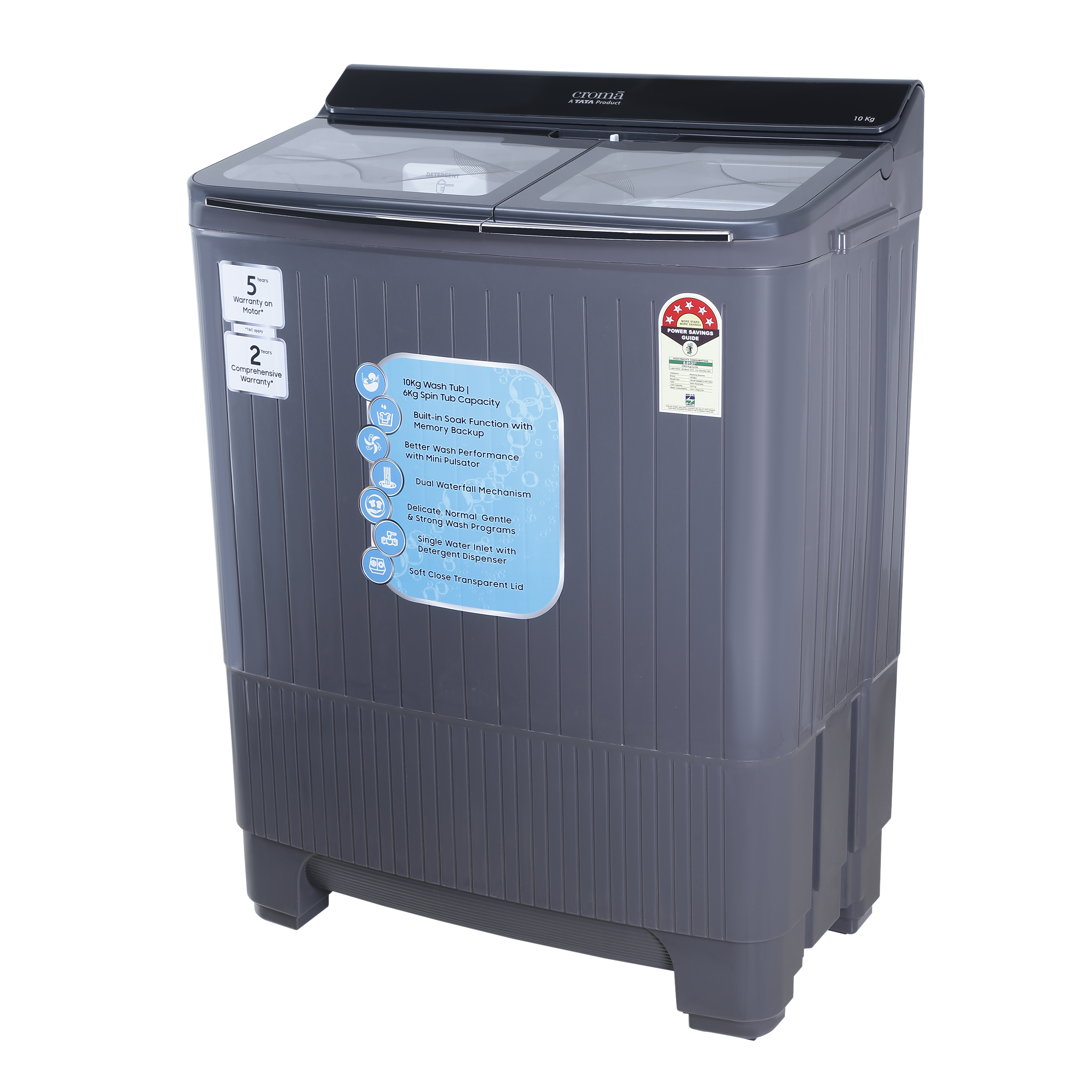 Croma 10 kg 5 Star Semi Automatic Washing Machine with Dual Waterfall Mechanism ( Dark Grey) Croma 10 kg 5 Star Semi Automatic Washing Machine with Dual Waterfall Mechanism ( Dark Grey)_4