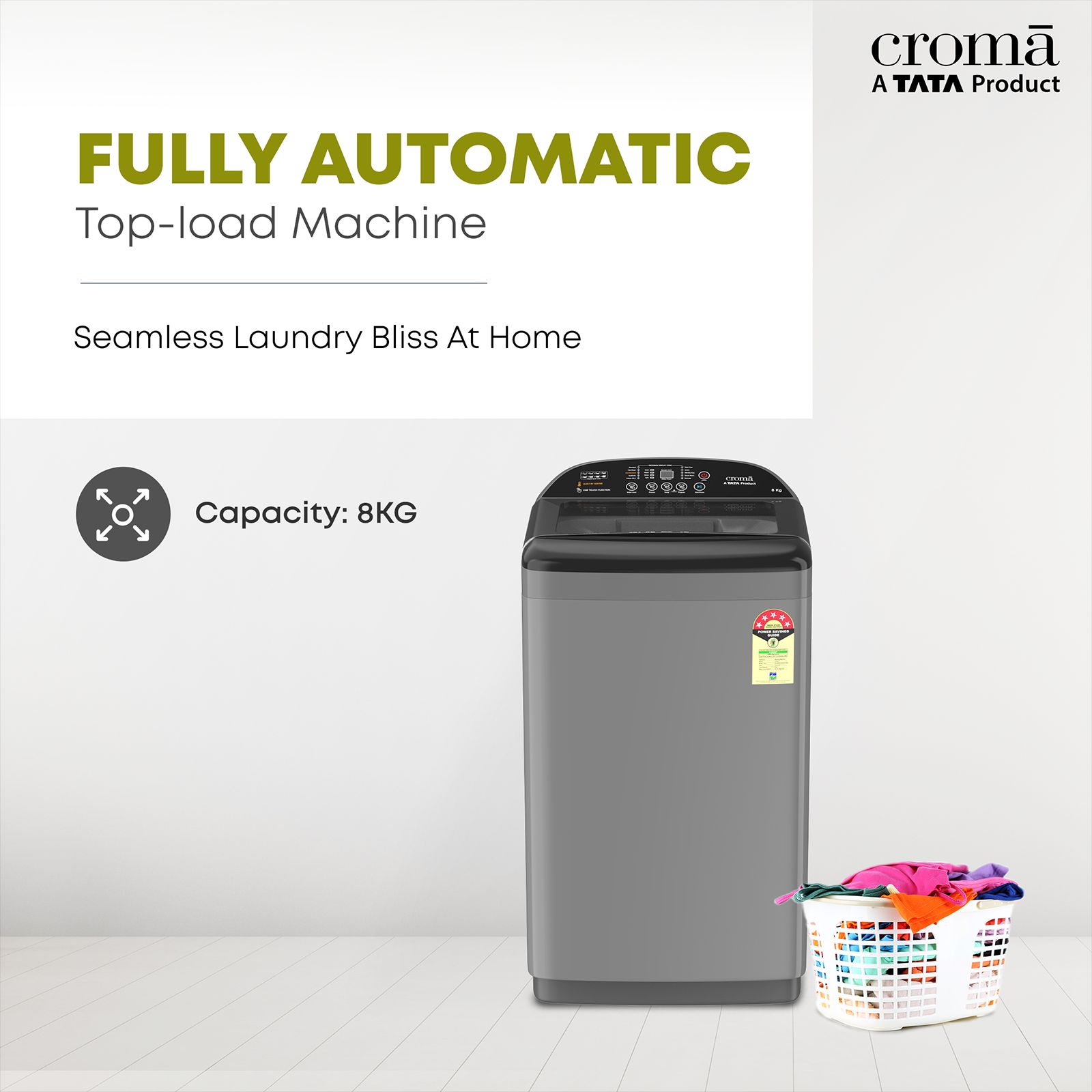 Croma 8 kg 5 Star Fully Automatic Top Load Washing Machine ( In Built heater, Inox Grey)_8
