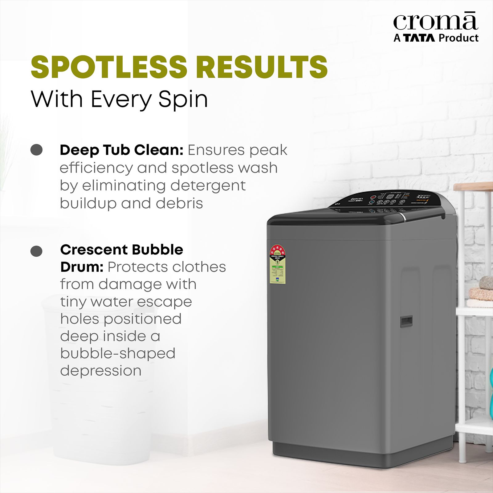 Croma 8 kg 5 Star Fully Automatic Top Load Washing Machine ( In Built heater, Inox Grey)_16