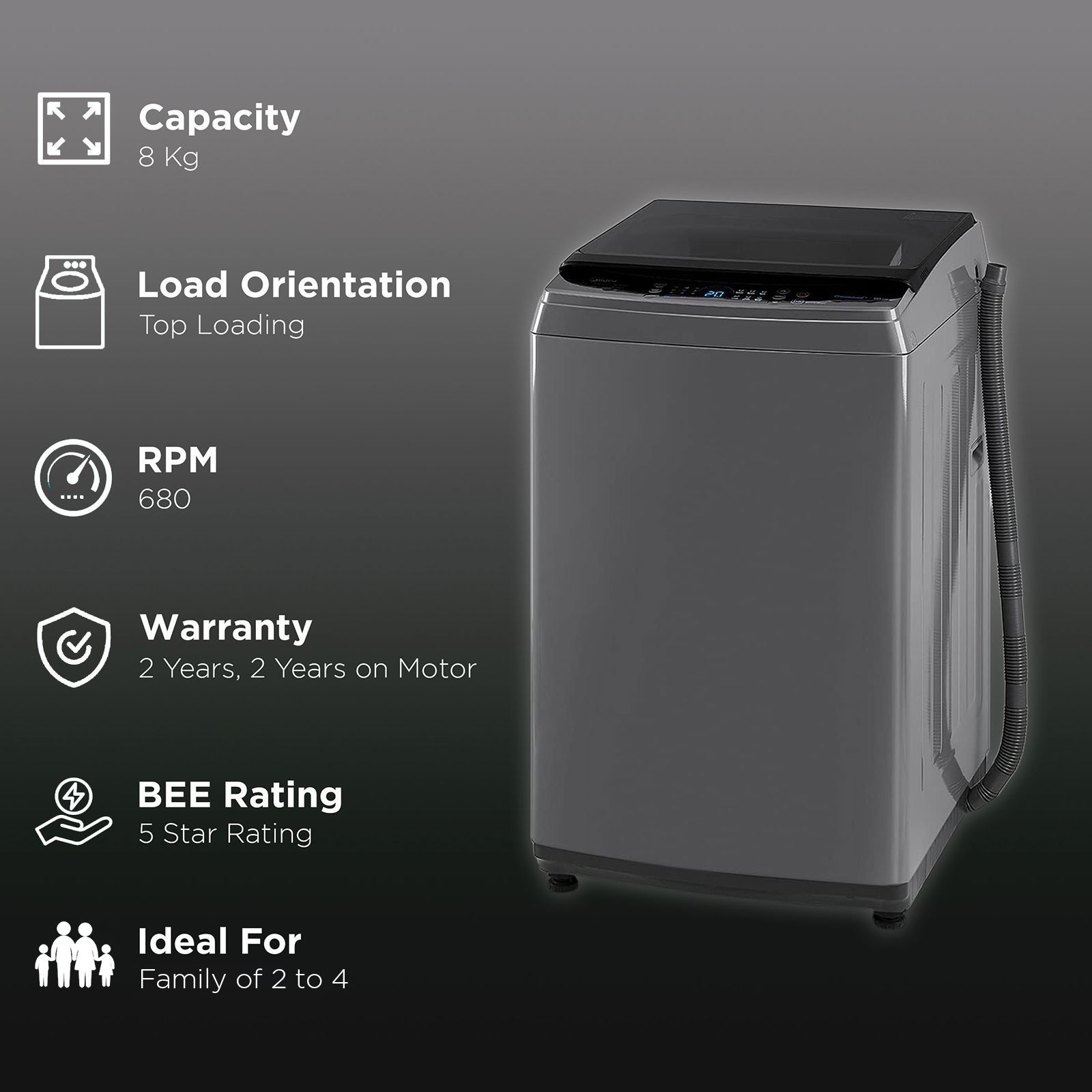 Midea 8 kg 5 Star Inverter Fully Automatic Top Load Washing Machine (MA200W80/G-IN, Lint Filter, Grey) Midea 8 kg 5 Star Inverter Fully Automatic Top Load Washing Machine (MA200W80/G-IN, Lint Filter, Grey)_2