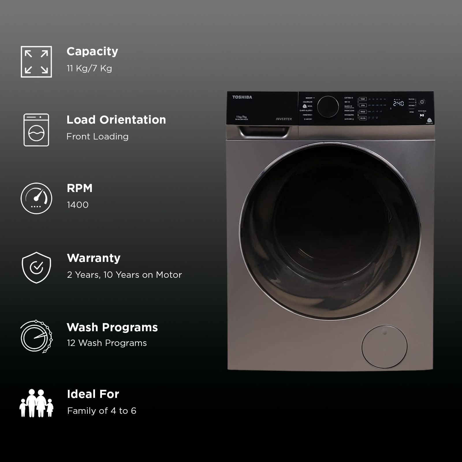 TOSHIBA 11/7 kg Inverter Fully Automatic Front Load Washer Dryer (TWD-BK120M4-IND(SK), Cyclone Mix Feature, Silver) TOSHIBA 11/7 kg Inverter Fully Automatic Front Load Washer Dryer (TWD-BK120M4-IND(SK), Cyclone Mix Feature, Silver)_3