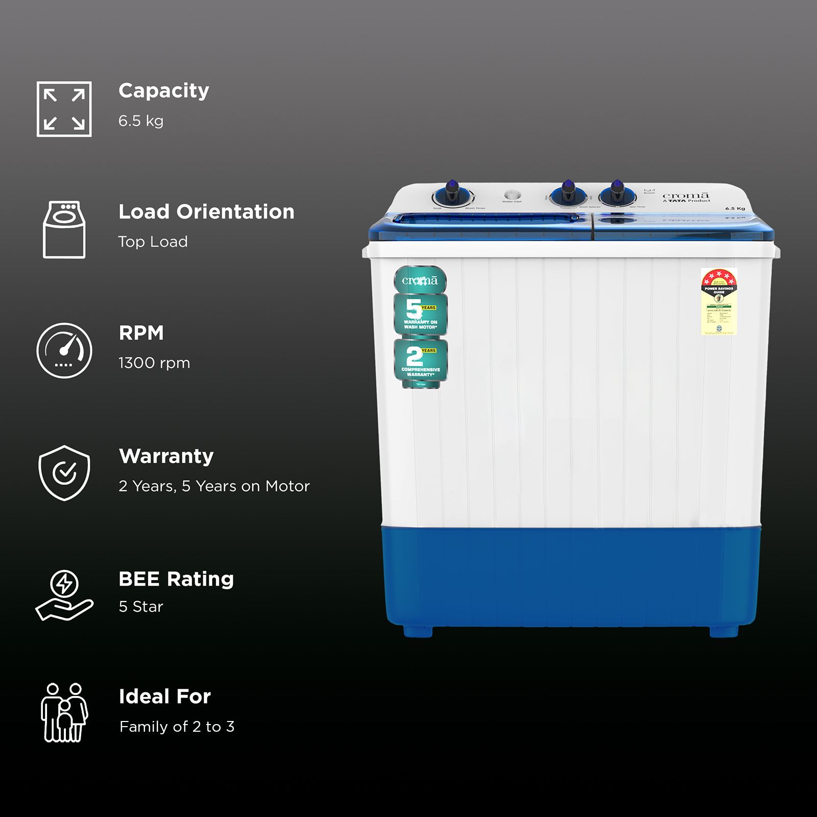 Croma 6.5 kg 5 Star Semi Automatic Washing Machine with Spiral Pulsator ( Blue) Croma 6.5 kg 5 Star Semi Automatic Washing Machine with Spiral Pulsator ( Blue)_2