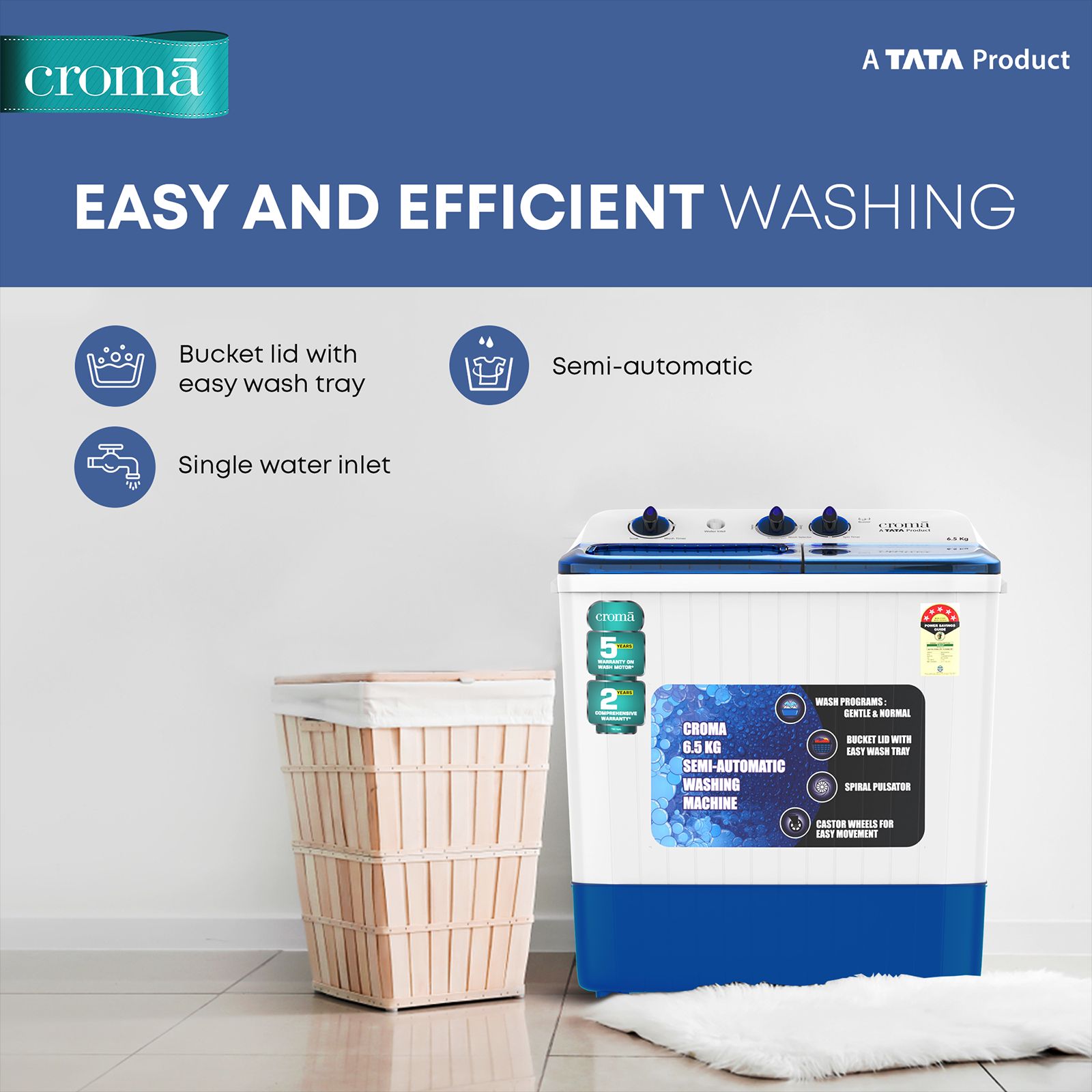 Croma 6.5 kg 5 Star Semi Automatic Washing Machine with Spiral Pulsator ( Blue) Croma 6.5 kg 5 Star Semi Automatic Washing Machine with Spiral Pulsator ( Blue)_4