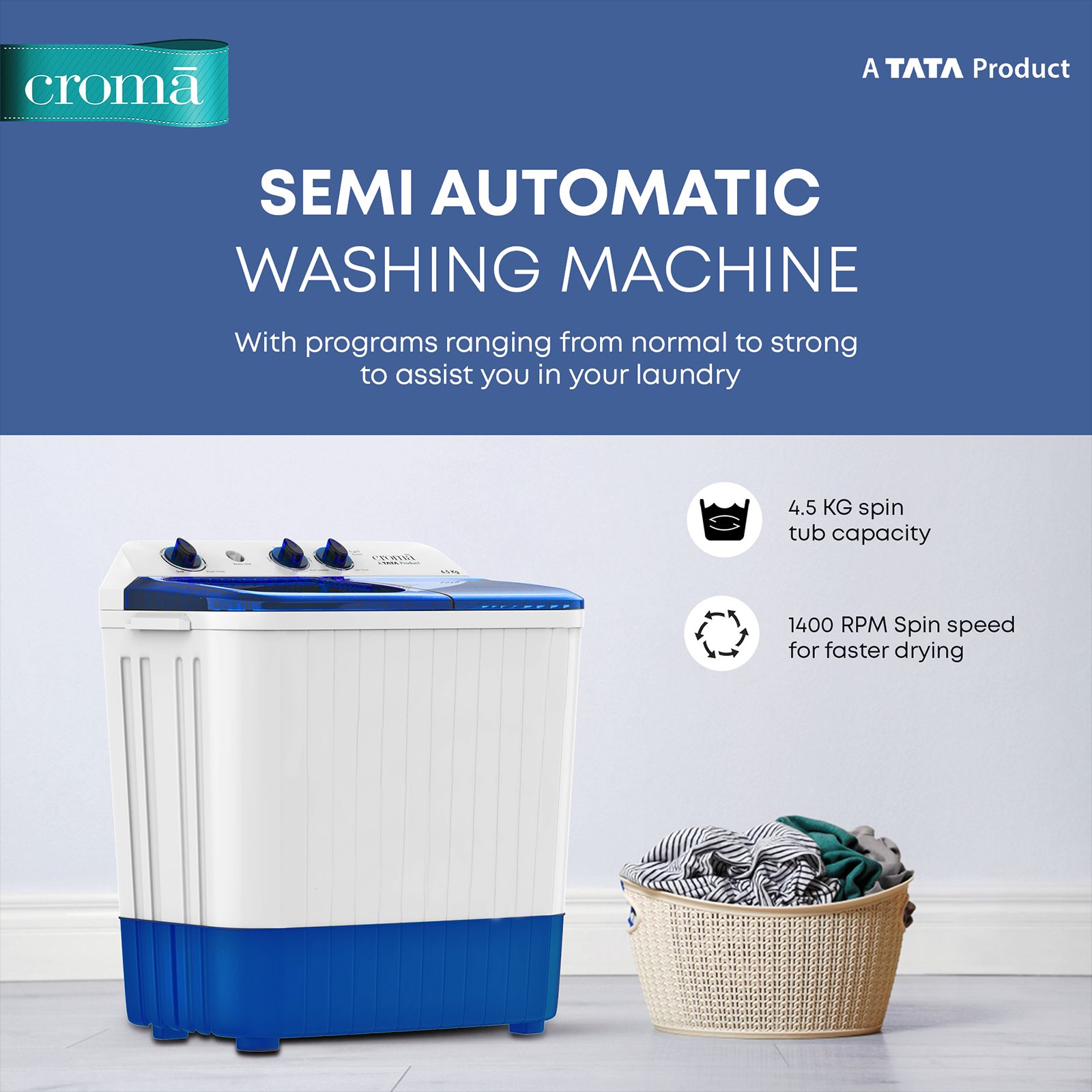 Croma 6.5 kg 5 Star Semi Automatic Washing Machine with Spiral Pulsator ( Blue) Croma 6.5 kg 5 Star Semi Automatic Washing Machine with Spiral Pulsator ( Blue)_5