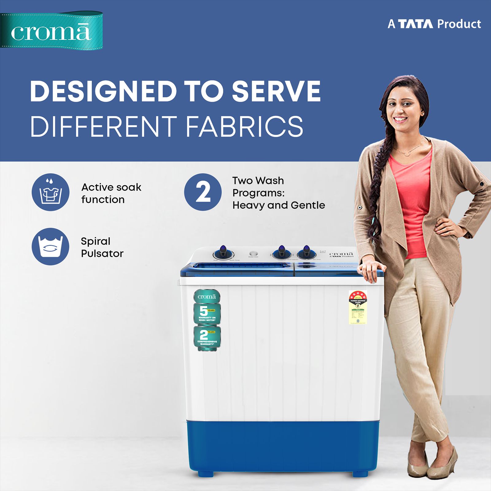 Croma 6.5 kg 5 Star Semi Automatic Washing Machine with Spiral Pulsator ( Blue) Croma 6.5 kg 5 Star Semi Automatic Washing Machine with Spiral Pulsator ( Blue)_6