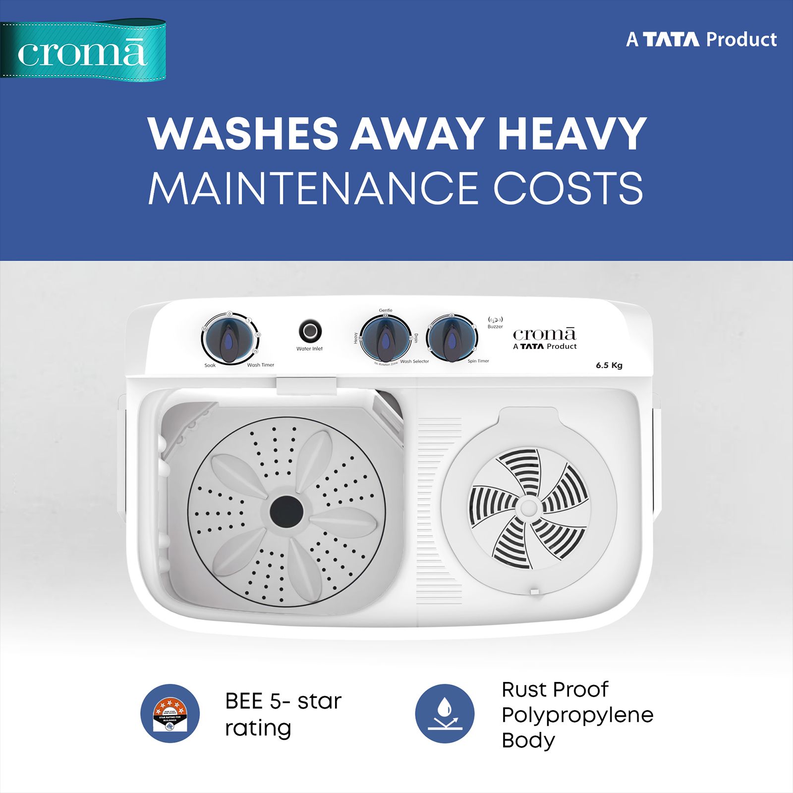Croma 6.5 kg 5 Star Semi Automatic Washing Machine with Spiral Pulsator ( Blue) Croma 6.5 kg 5 Star Semi Automatic Washing Machine with Spiral Pulsator ( Blue)_7
