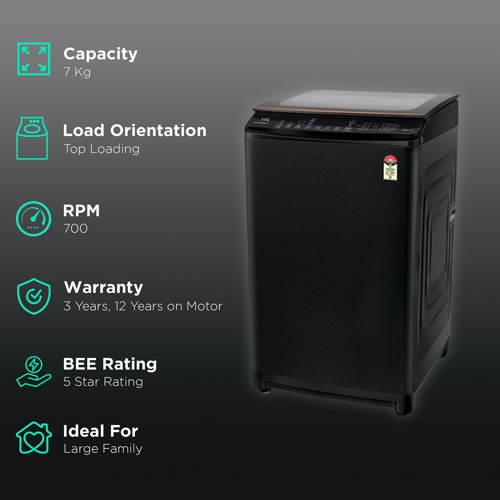 Voltas Beko 7 kg 5 Star Inverter Fully Automatic Top Load Washing Machine (WTL70VPBGF, Jet Wash, Black) Voltas Beko 7 kg 5 Star Inverter Fully Automatic Top Load Washing Machine (WTL70VPBGF, Jet Wash, Black)_2
