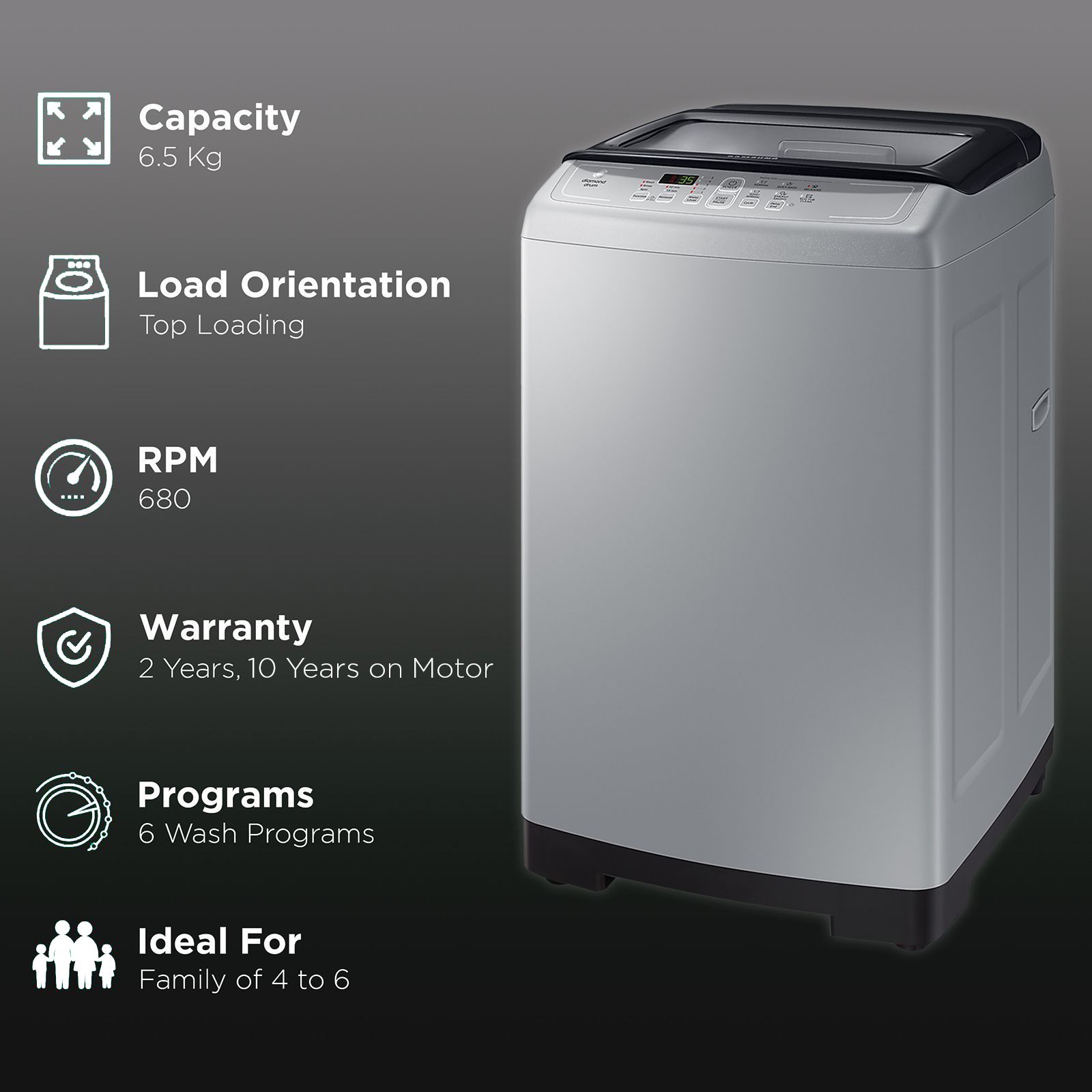 SAMSUNG 6.5 kg Inverter Fully Automatic Top Load Washing Machine (WA65A4002VS/TL, Diamond Drum, Imperial Silver) SAMSUNG 6.5 kg Inverter Fully Automatic Top Load Washing Machine (WA65A4002VS/TL, Diamond Drum, Imperial Silver)_2