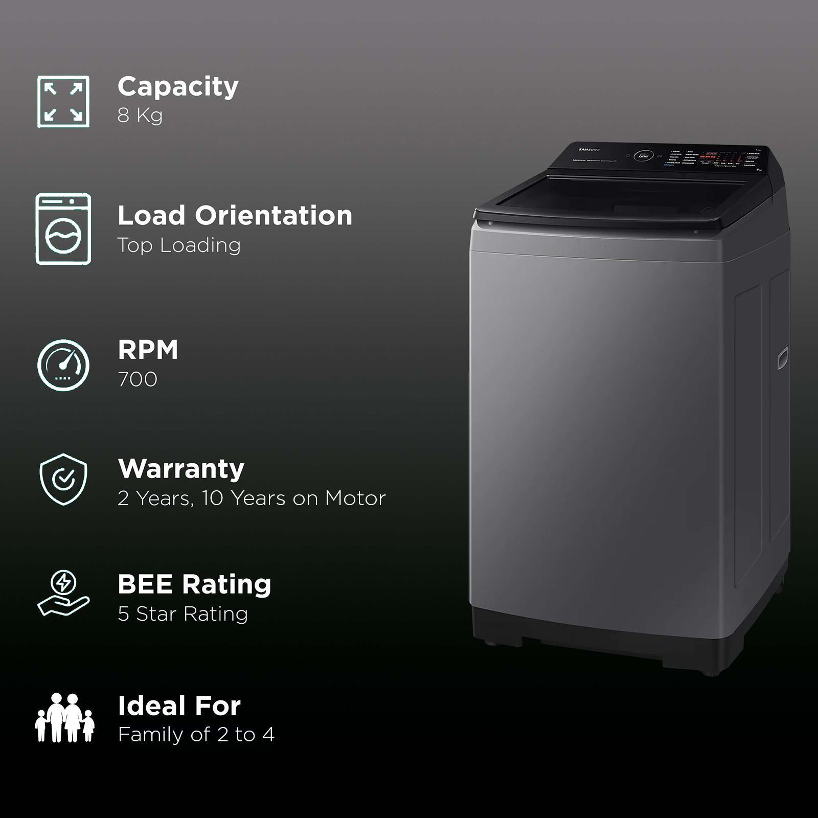 SAMSUNG 8 kg 5 Star Fully Automatic Top Load Washing Machine (WA80BG4582BDTL, In-built Heater, Dark Gray) SAMSUNG 8 kg 5 Star Fully Automatic Top Load Washing Machine (WA80BG4582BDTL, In-built Heater, Dark Gray)_2