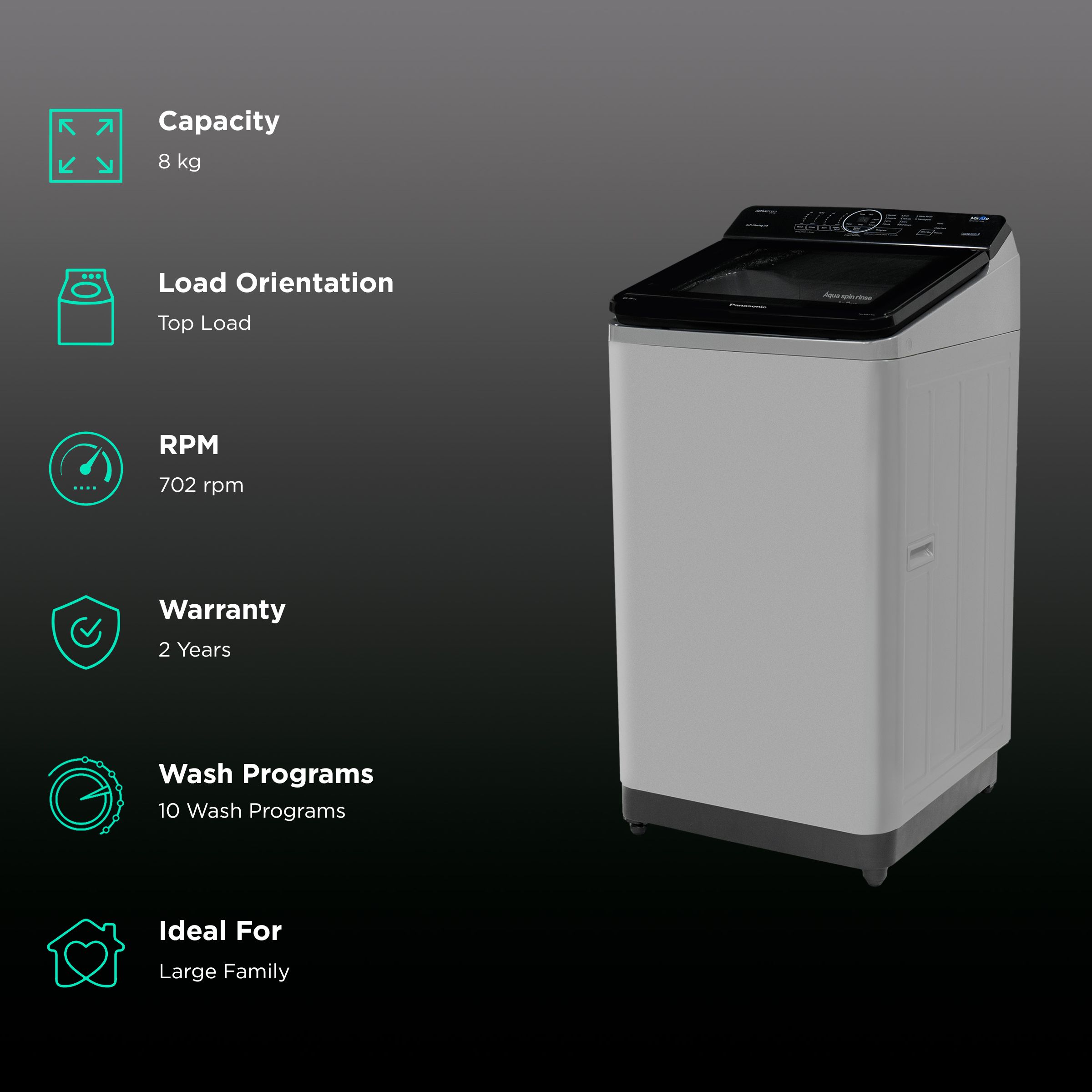 Panasonic 8 kg Fully Automatic Top Load Washing Machine (A10 Series, NA-F80A10CRB, Wash Wizard, Charcoal Inox Grey) Panasonic 8 kg Fully Automatic Top Load Washing Machine (A10 Series, NA-F80A10CRB, Wash Wizard, Charcoal Inox Grey)_2