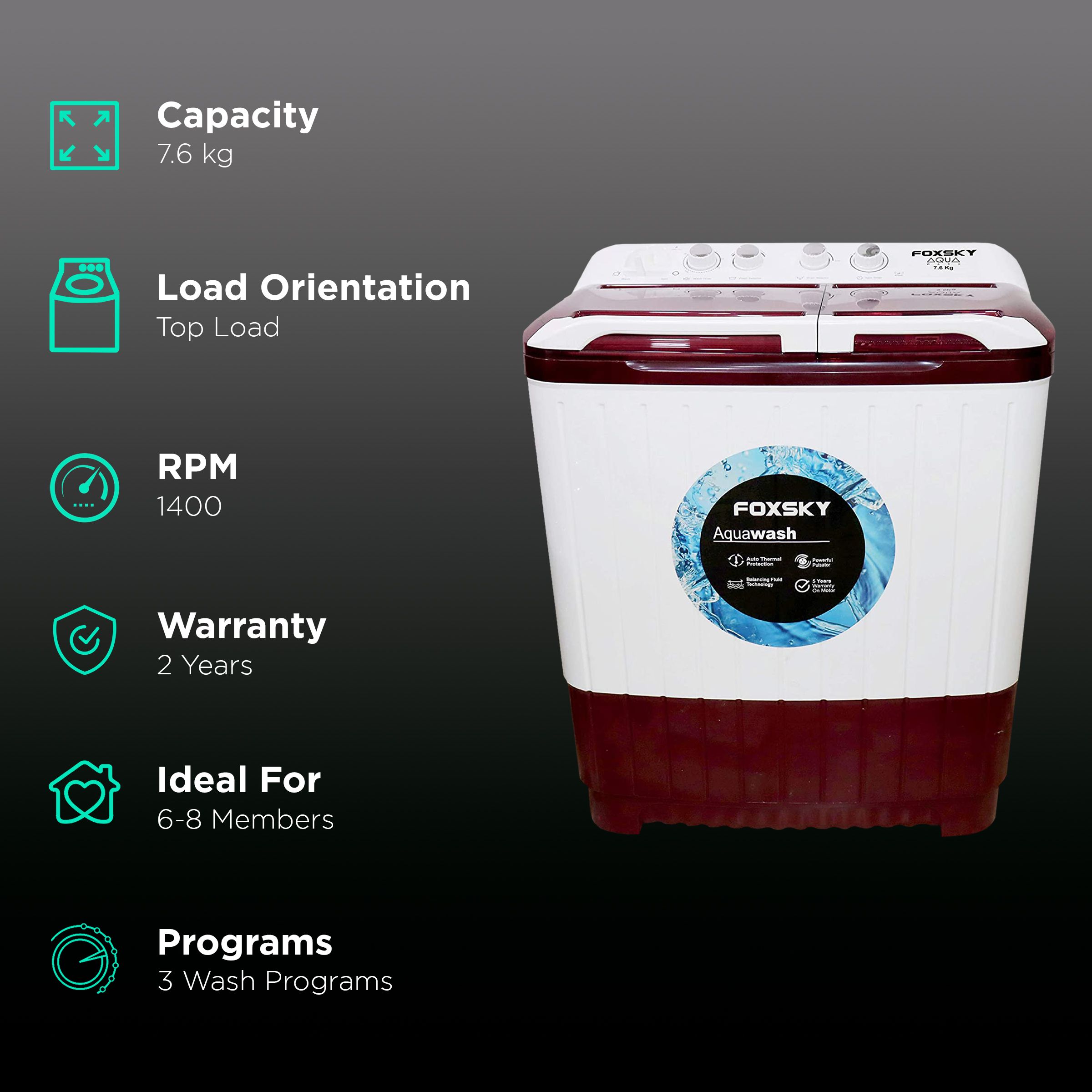 FOXSKY 7.6 Kg 5 Star Semi Automatic Washing Machine with 3D Scrub Technology (Aqua Wash, Maroon) FOXSKY 7.6 Kg 5 Star Semi Automatic Washing Machine with 3D Scrub Technology (Aqua Wash, Maroon)_2
