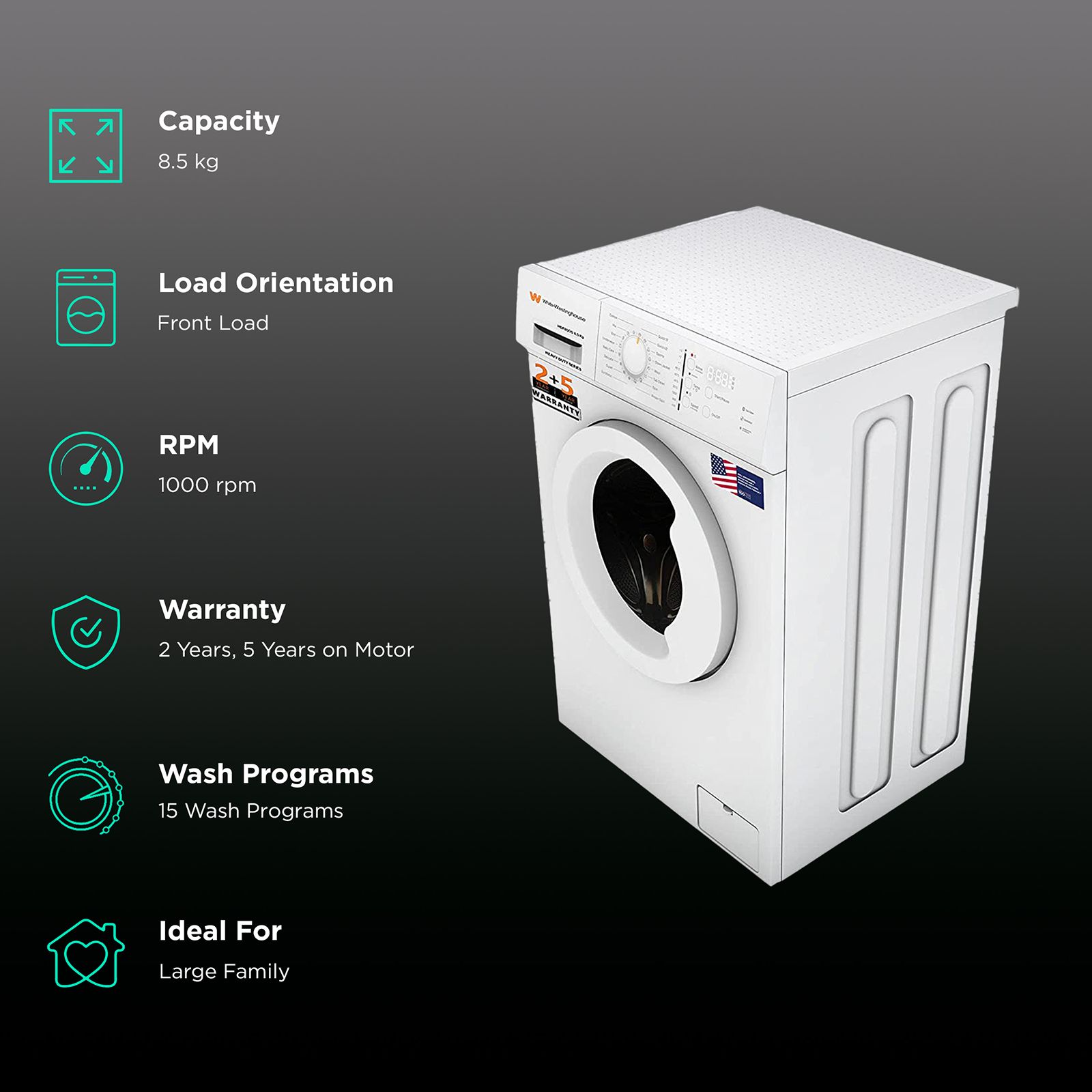 White Westinghouse 8.5 kg Fully Automatic Front Load Washing Machine (HDF8500, In-Built Heater, Black & White) White Westinghouse 8.5 kg Fully Automatic Front Load Washing Machine (HDF8500, In-Built Heater, Black & White)_2