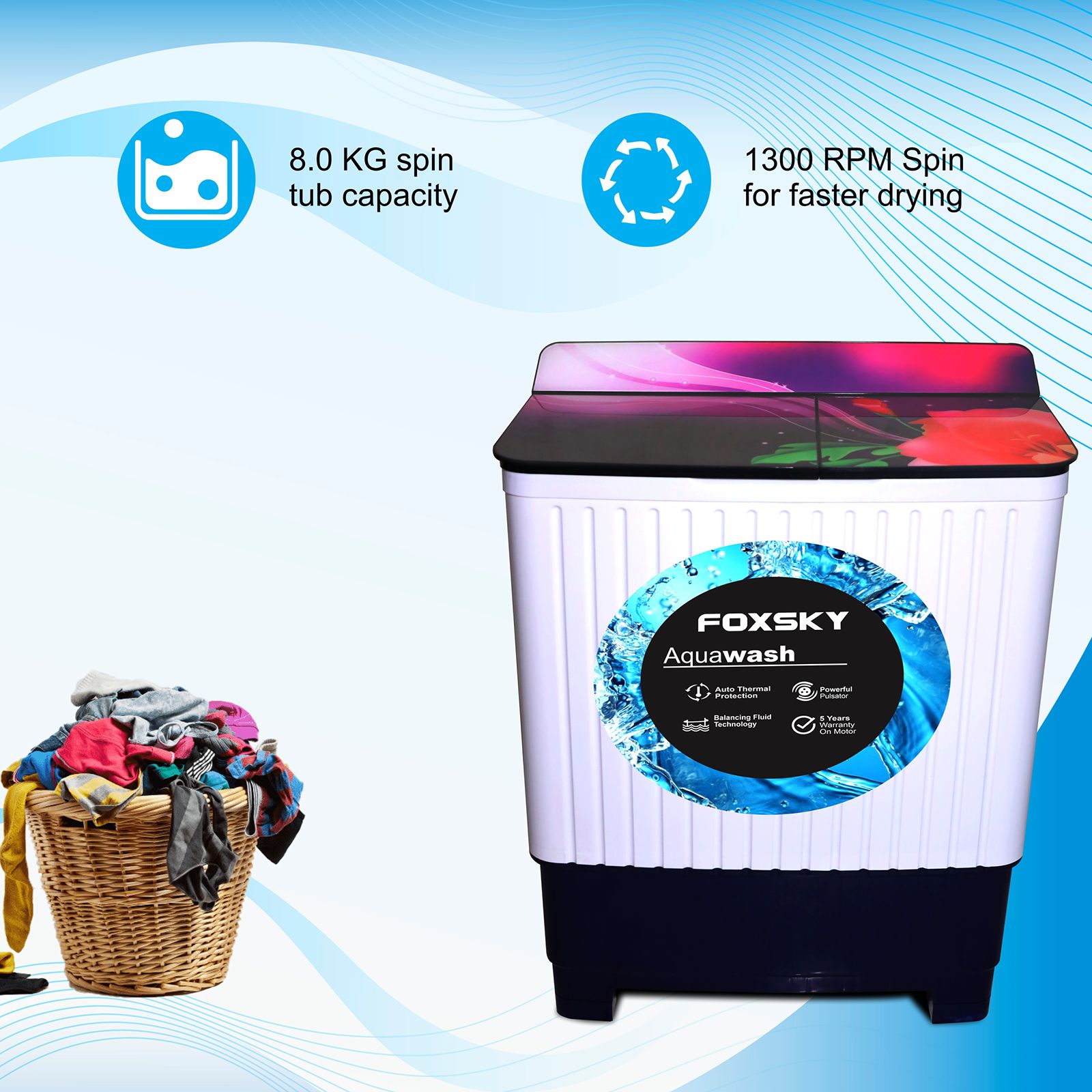 FOXSKY 8 kg Semi-Automatic Top Load Washing Machine with Magic Filter (Aqua Wash, Maroon)_5