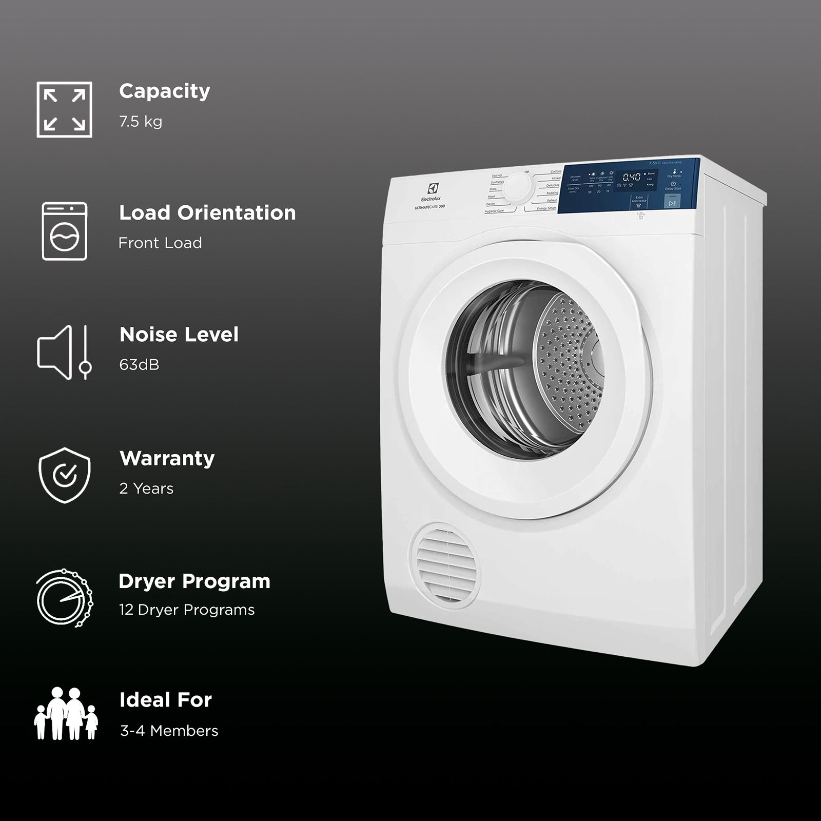 Electrolux UltimateCare 300 7.5 kg Fully Automatic Front Load Dryer (ReverseTumbling Function, EDV754H3WB, White)_2