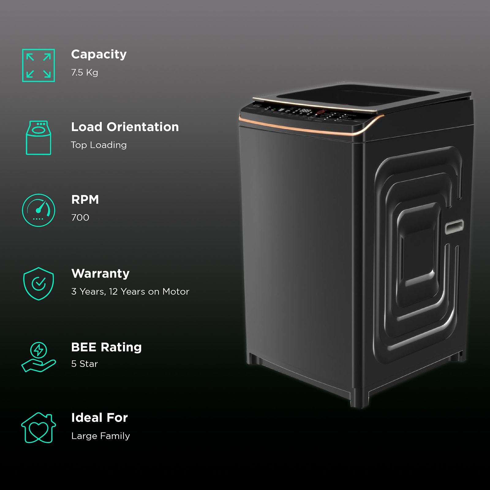 VOLTAS beko 7.5 Kg 5 Star Inverter Fully Automatic Top Load Washing Machine (WTL75VPSGH, Dust Resistant, Black)_2