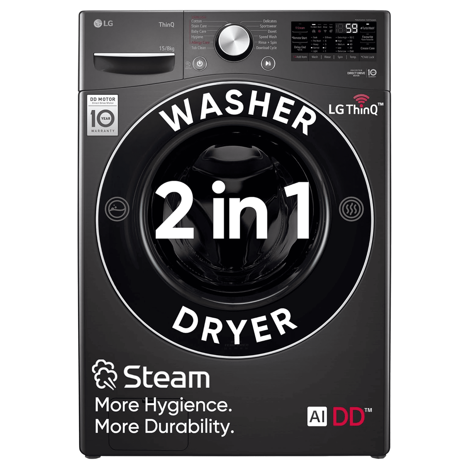 LG 15/8 kg 5 Star Fully Automatic Front Load Washer Dryer(FHD1508STB.ABLQEIL, AI Direct Drive, Black VCM) LG 15/8 kg 5 Star Fully Automatic Front Load Washer Dryer(FHD1508STB.ABLQEIL, AI Direct Drive, Black VCM)_1