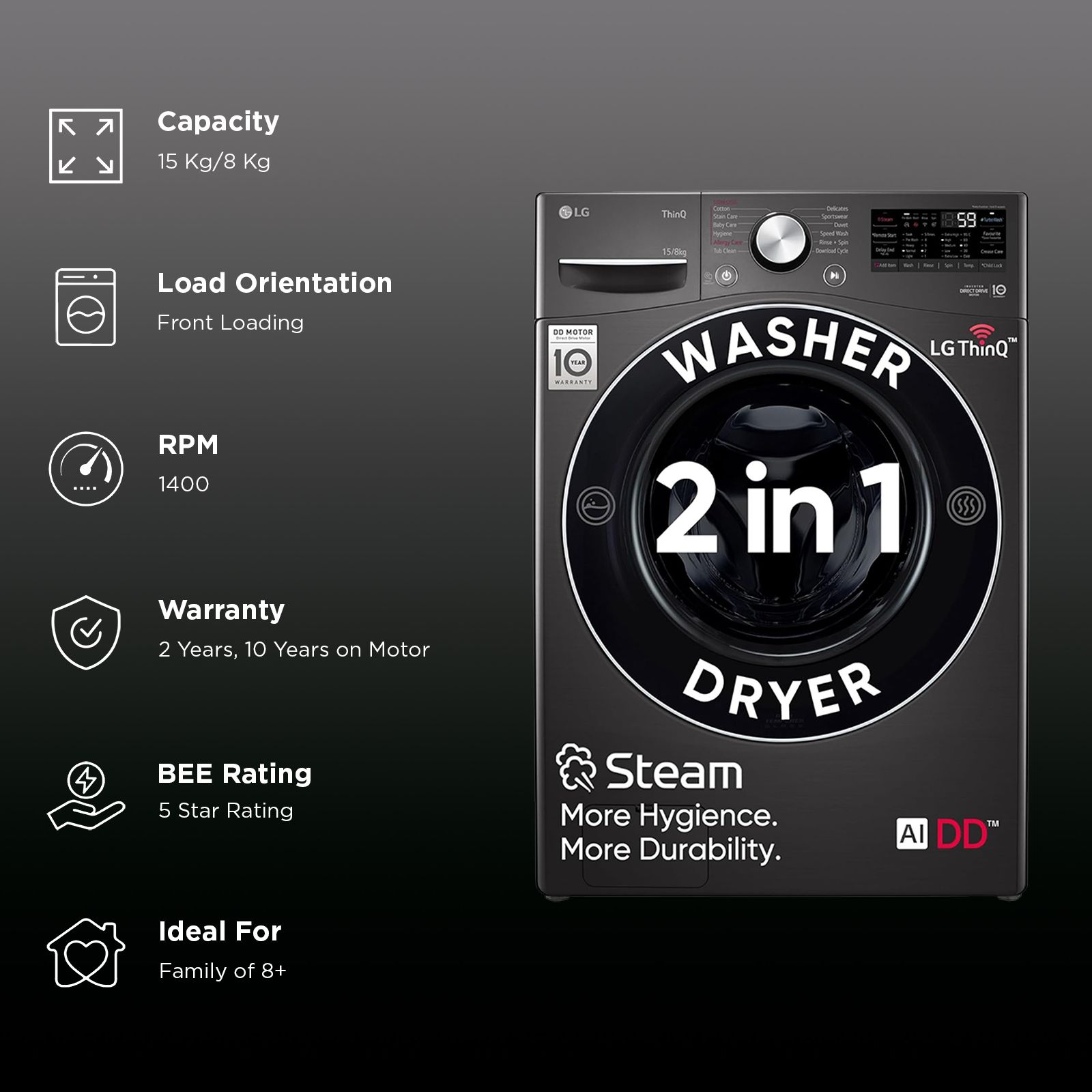 LG 15/8 kg 5 Star Fully Automatic Front Load Washer Dryer(FHD1508STB.ABLQEIL, AI Direct Drive, Black VCM) LG 15/8 kg 5 Star Fully Automatic Front Load Washer Dryer(FHD1508STB.ABLQEIL, AI Direct Drive, Black VCM)_3