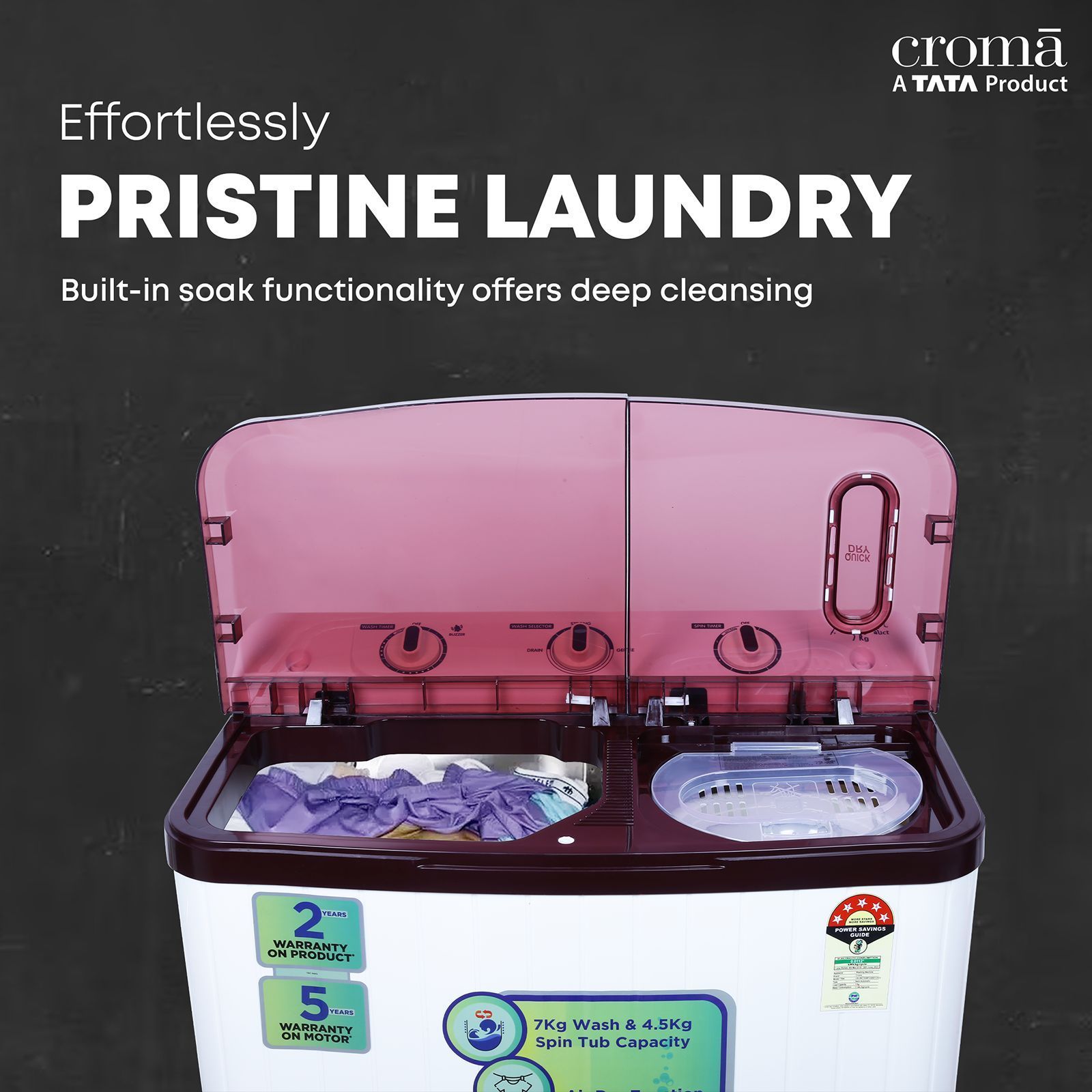 Croma 7 kg 5 Star Semi Automatic Washing Machine with Built-in Soak Function (Burgundy) Croma 7 kg 5 Star Semi Automatic Washing Machine with Built-in Soak Function (Burgundy)_7