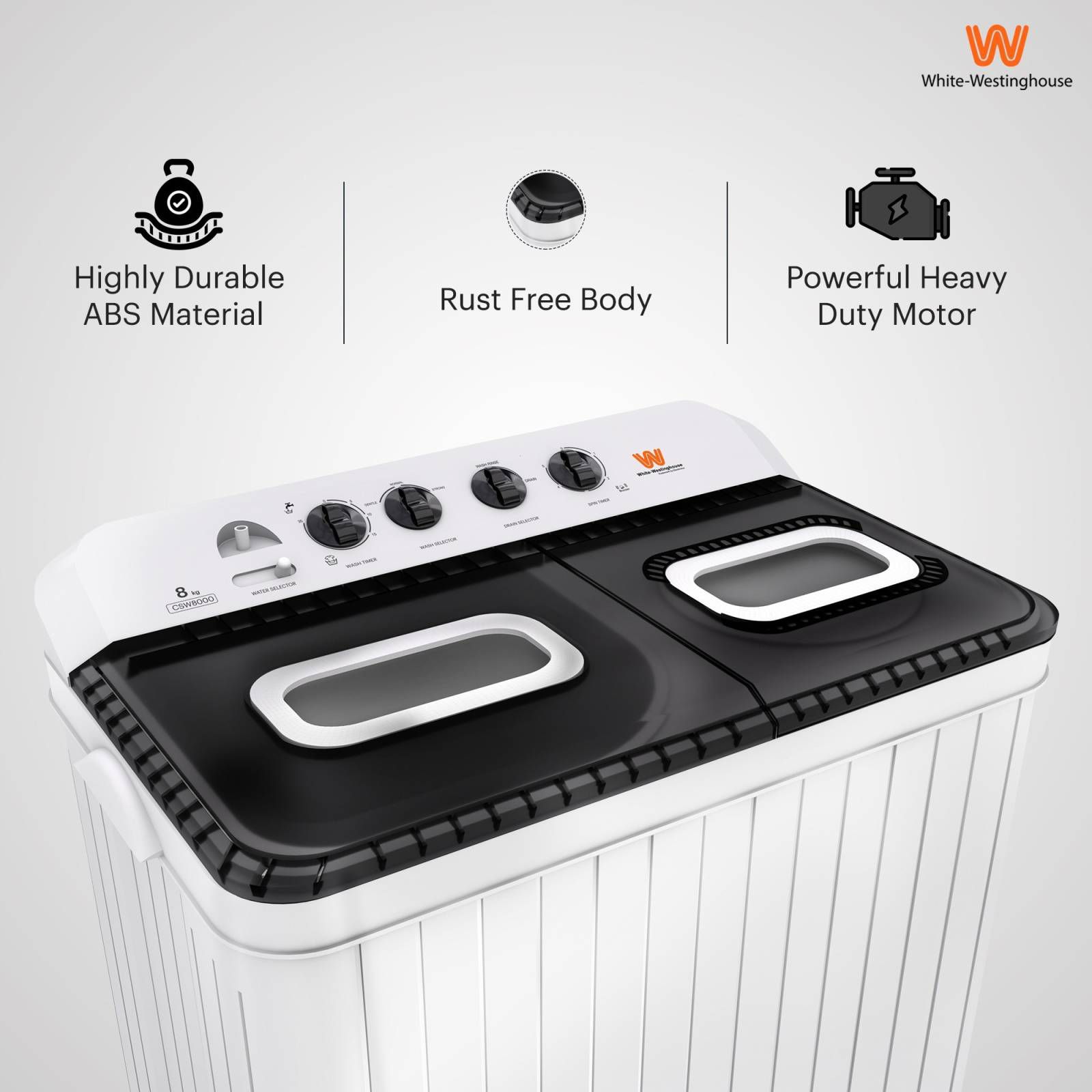 White Westinghouse 8 kg 5 Star Semi Automatic Washing Machine with 5 Wing Pulsator (CSW8000, White and Grey)_16