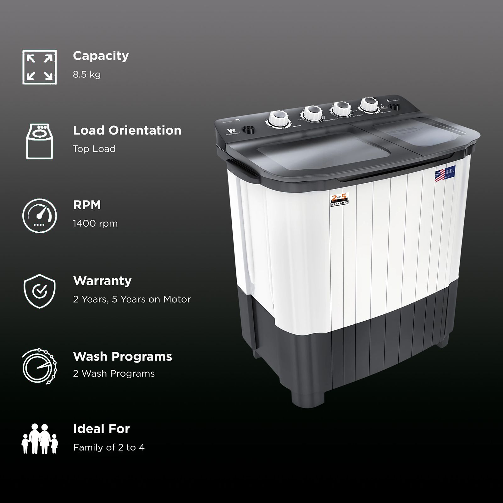 White Westinghouse 8.5 kg Semi Automatic Washing Machine with Six-Fin Jumbo Pulsator (CSW8500, Grey and White) White Westinghouse 8.5 kg Semi Automatic Washing Machine with Six-Fin Jumbo Pulsator (CSW8500, Grey and White)_2