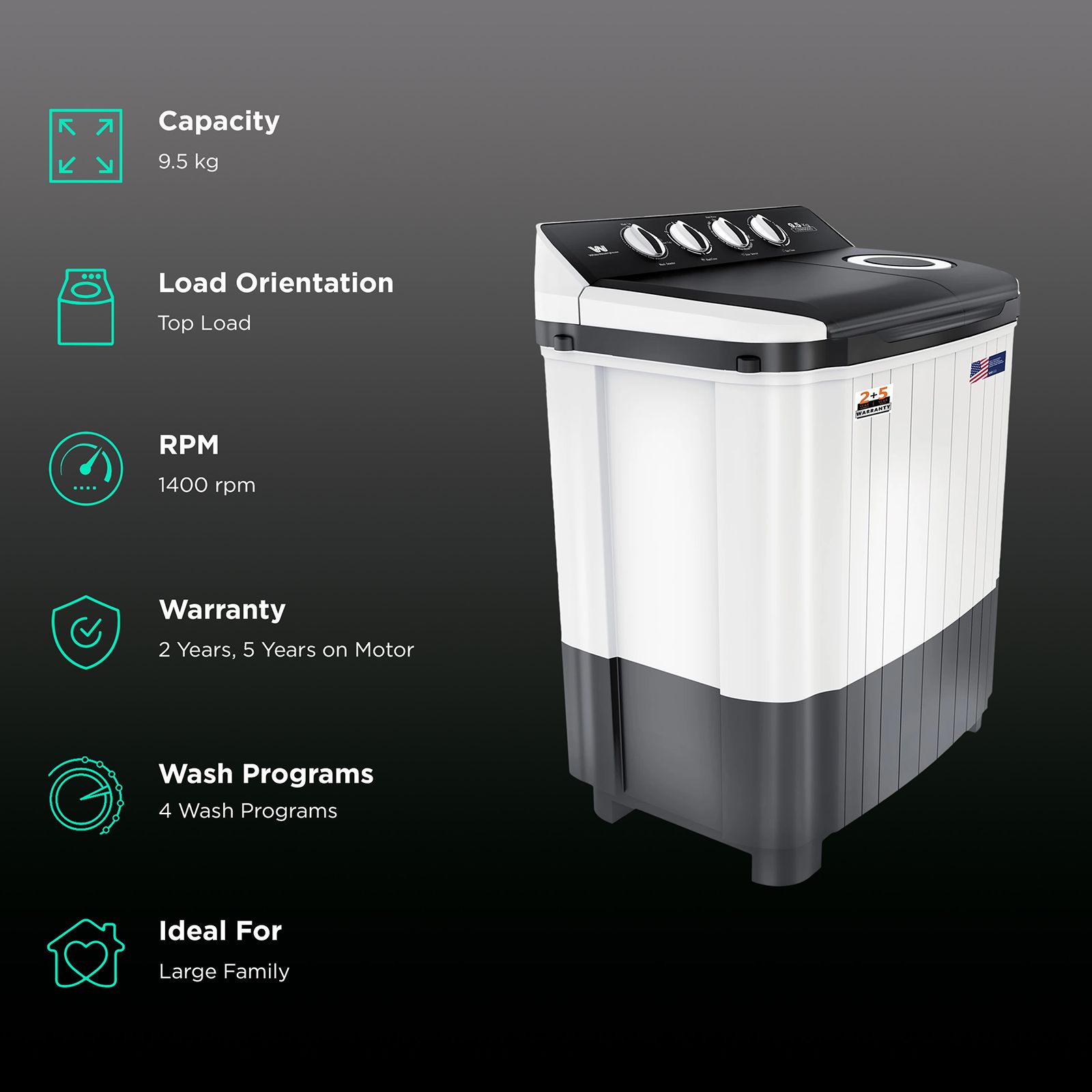 White Westinghouse 9.5 kg Semi Automatic Washing Machine with Robust Motor (CSW9500, Grey) White Westinghouse 9.5 kg Semi Automatic Washing Machine with Robust Motor (CSW9500, Grey)_2