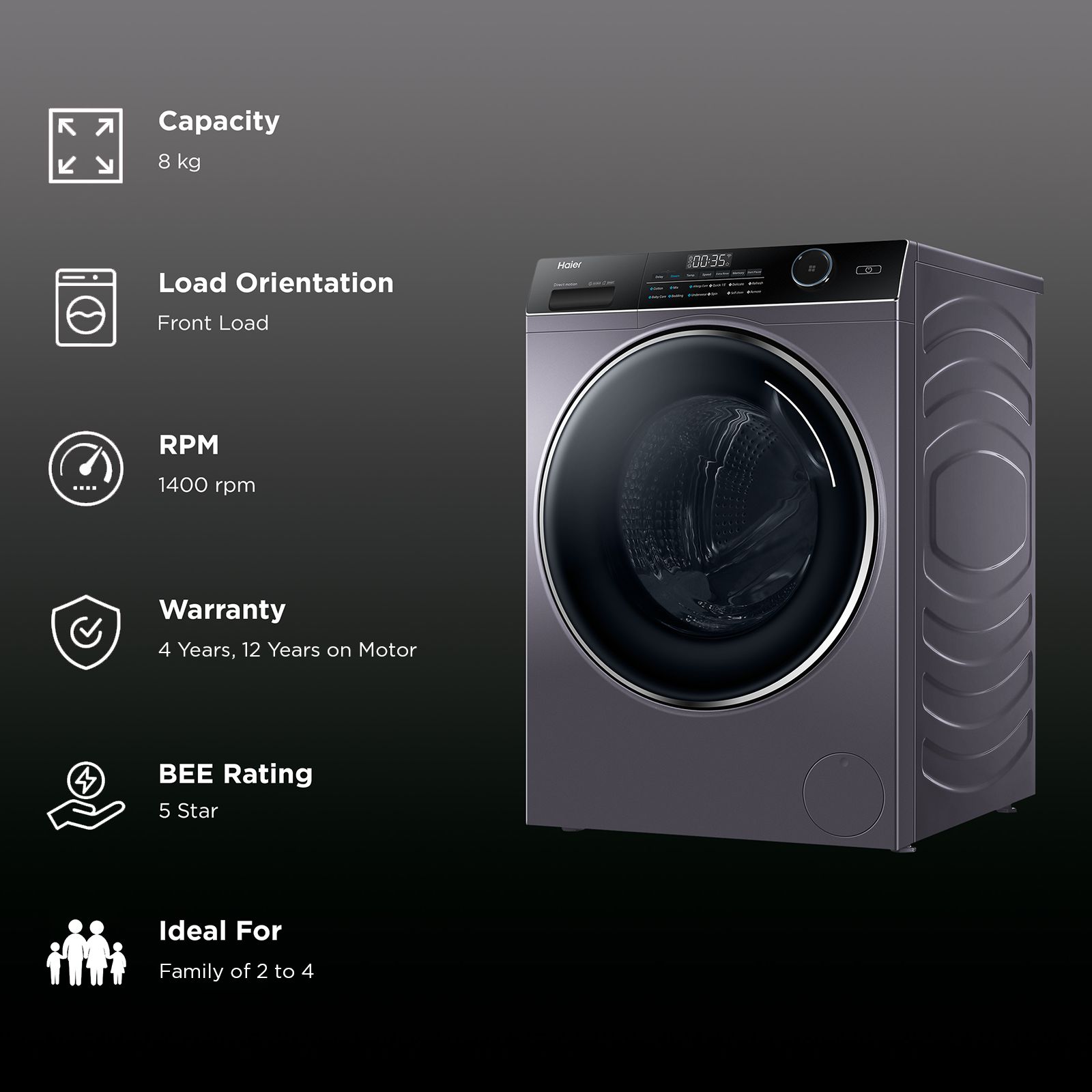 Haier 8 kg Fully Automatic Front Load Washing Machine (HW80-DM14959CS6U1, Direct Motion Motor, Starry Silver) Haier 8 kg Fully Automatic Front Load Washing Machine (HW80-DM14959CS6U1, Direct Motion Motor, Starry Silver)_2