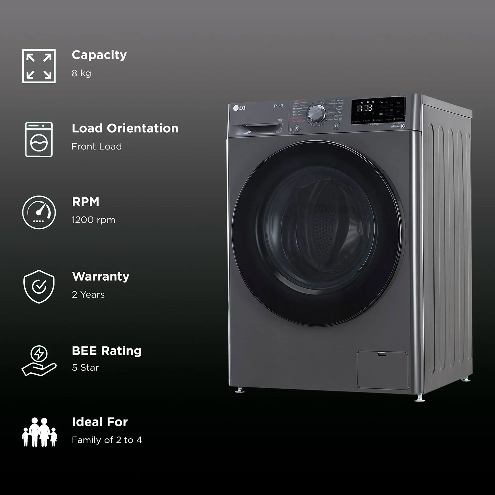 LG 8 Kg 5 Star Inverter Fully Automatic Front Load Washing Machine (FHP1208A5M.AMBQEIL, In-built Heater, Middle Black) LG 8 Kg 5 Star Inverter Fully Automatic Front Load Washing Machine (FHP1208A5M.AMBQEIL, In-built Heater, Middle Black)_2