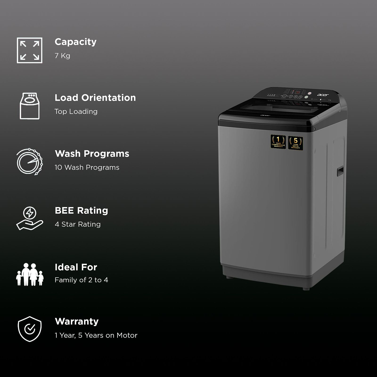 acer 7 kg 5 Star Fully Automatic Top Load Washing Machine (Quad Wash, AR70FATLP1EC, AiSense, Grey) acer 7 kg 5 Star Fully Automatic Top Load Washing Machine (Quad Wash, AR70FATLP1EC, AiSense, Grey)_2