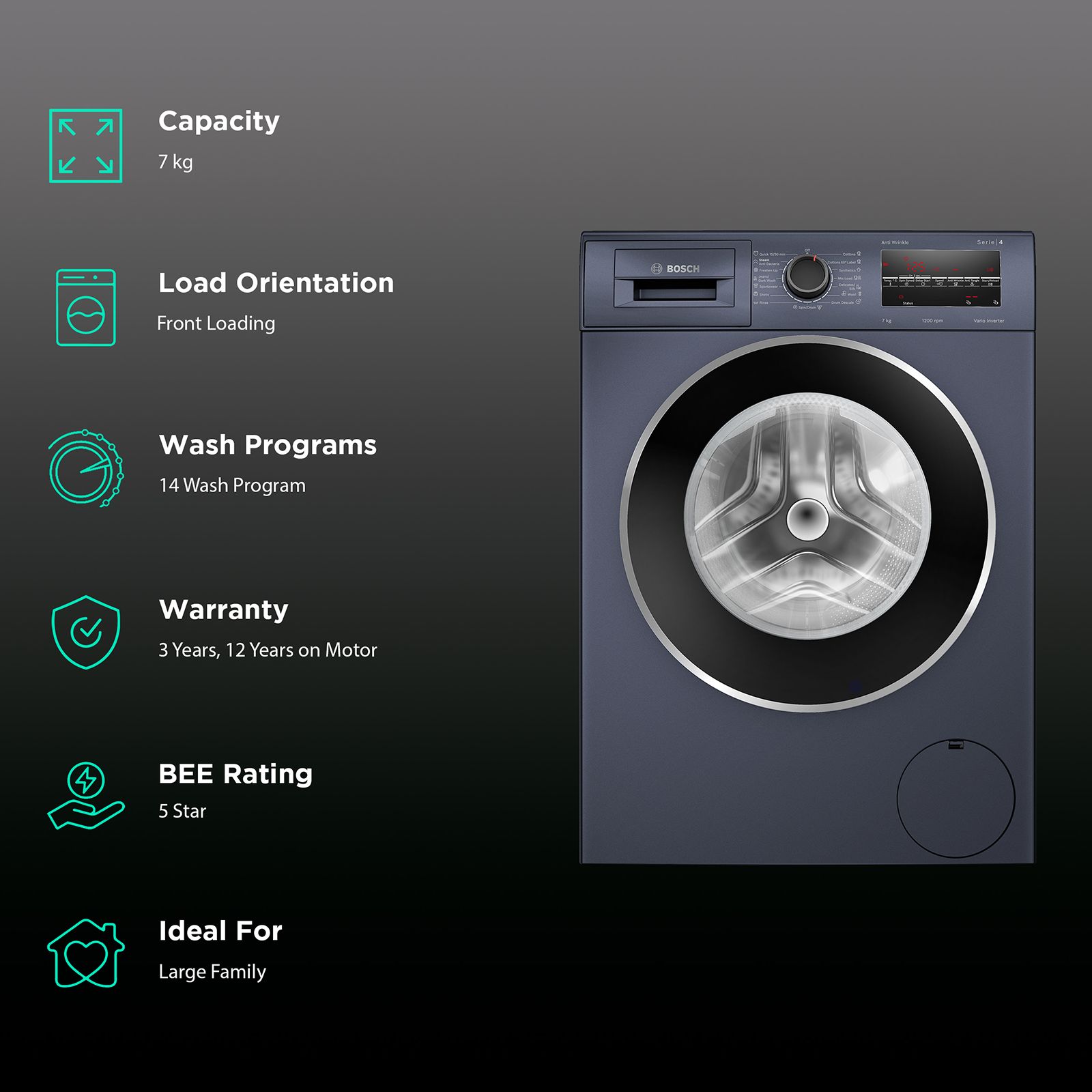 BOSCH 7 Kg 5 Star Inverter Fully Automatic Front Load Washing Machine (WAJ2446LIN, LED Display, Dark Lake) BOSCH 7 Kg 5 Star Inverter Fully Automatic Front Load Washing Machine (WAJ2446LIN, LED Display, Dark Lake)_2
