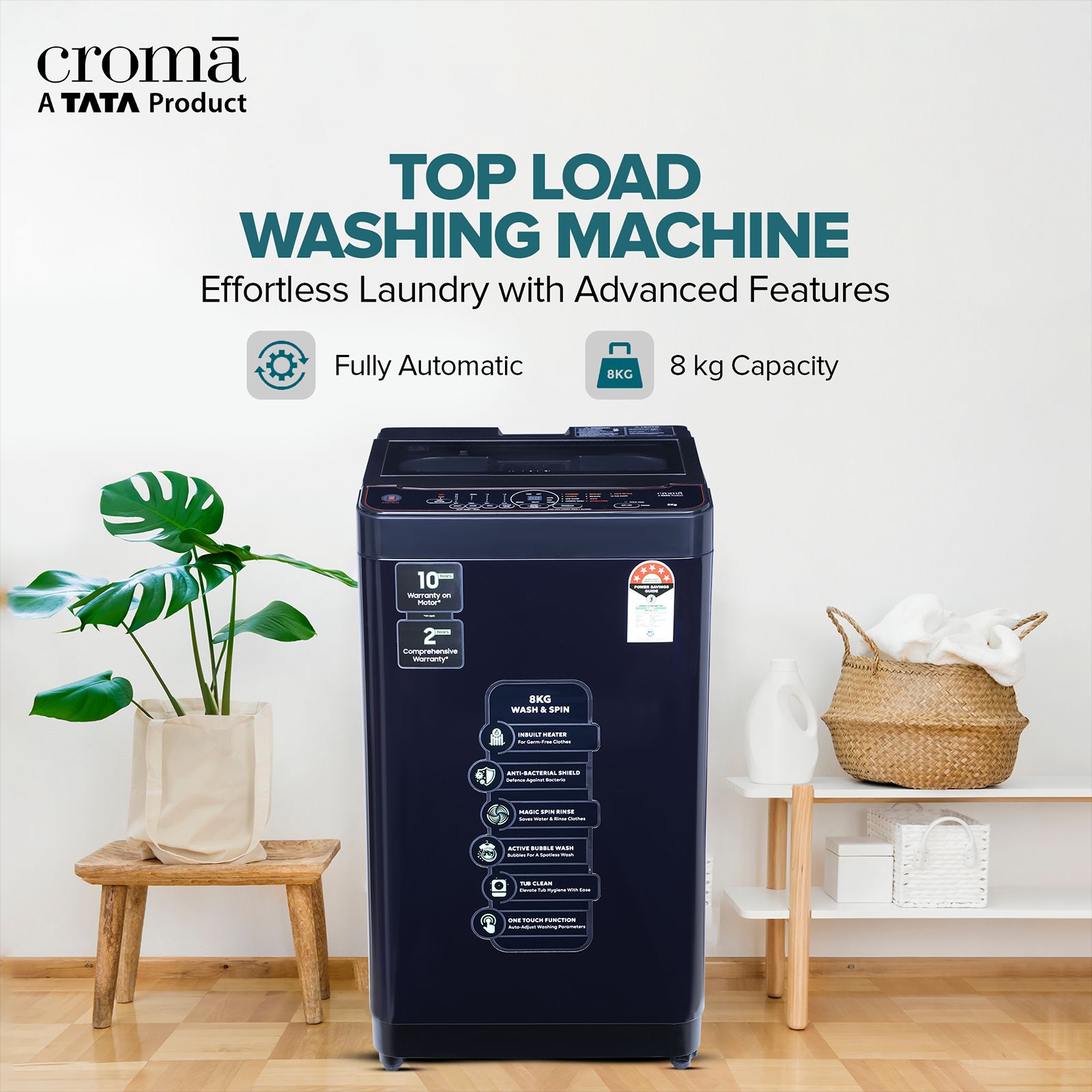 Croma 8 kg 5 Star Fully Automatic Top Load Washing Machine ( In-built Heater, Pure Black)_10