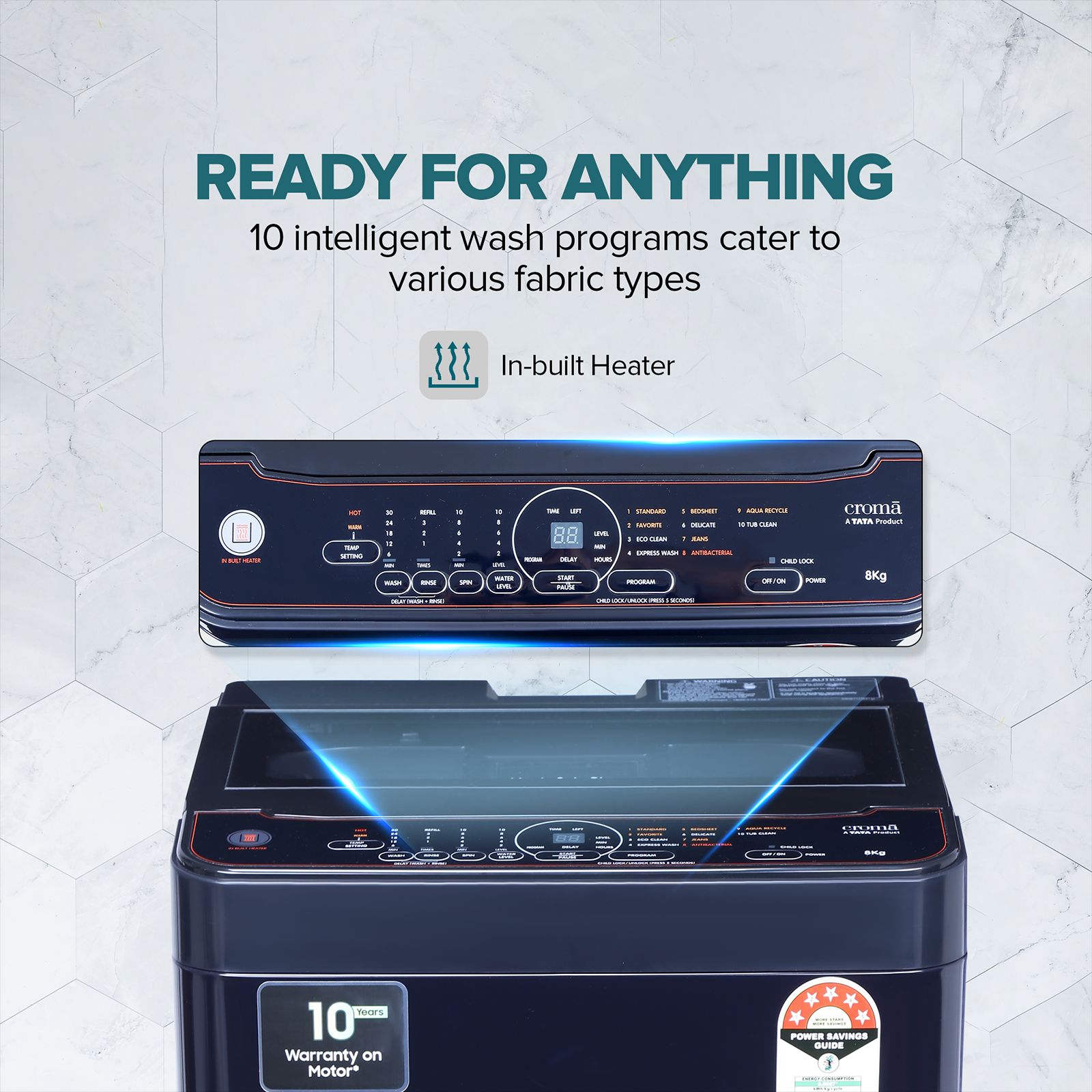 Croma 8 kg 5 Star Fully Automatic Top Load Washing Machine ( In-built Heater, Pure Black)_11