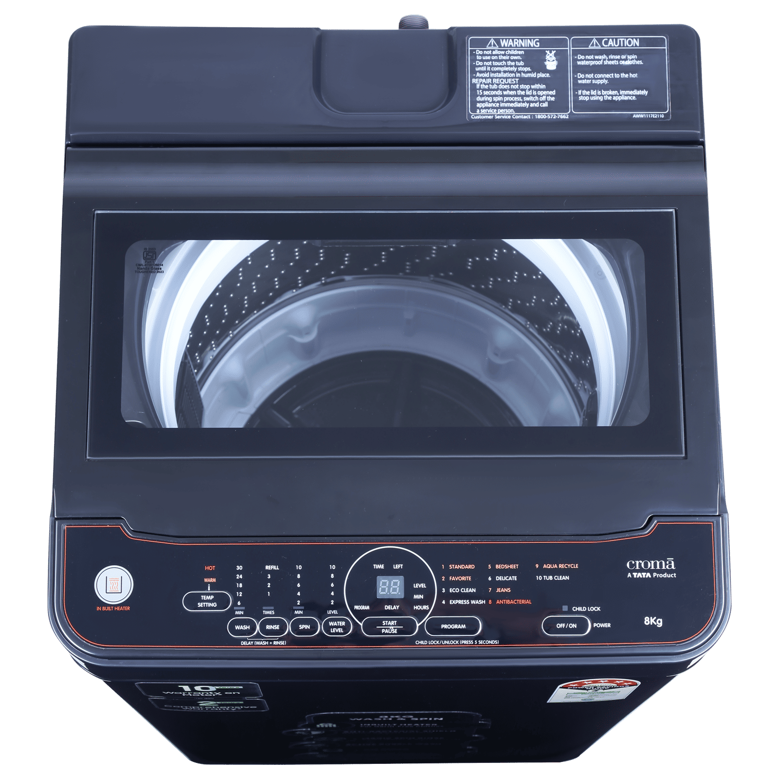 Croma 8 kg 5 Star Fully Automatic Top Load Washing Machine ( In-built Heater, Pure Black)_4