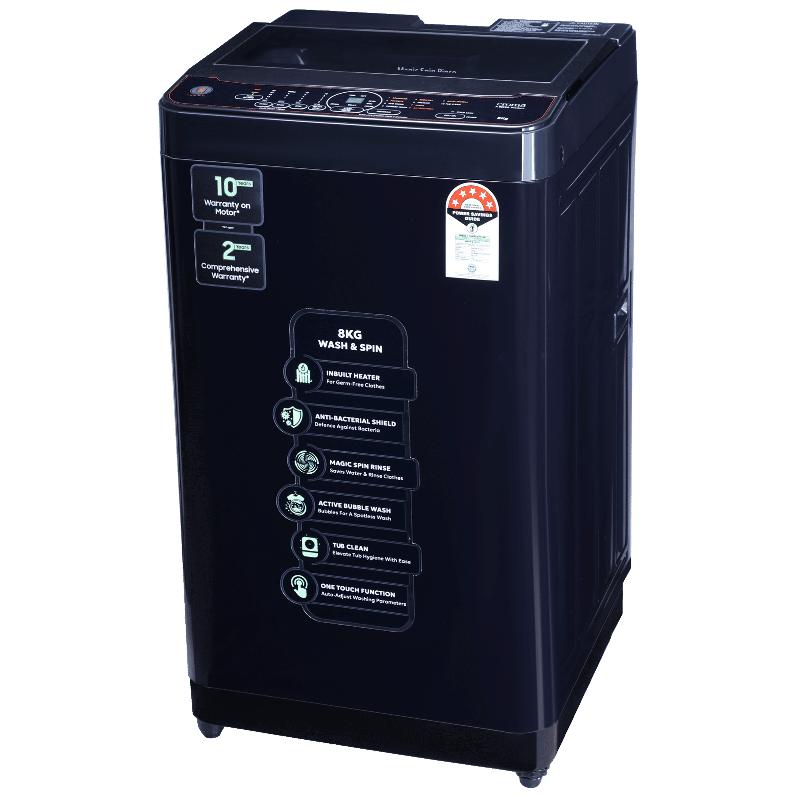 Croma 8 kg 5 Star Fully Automatic Top Load Washing Machine ( In-built Heater, Pure Black)_6