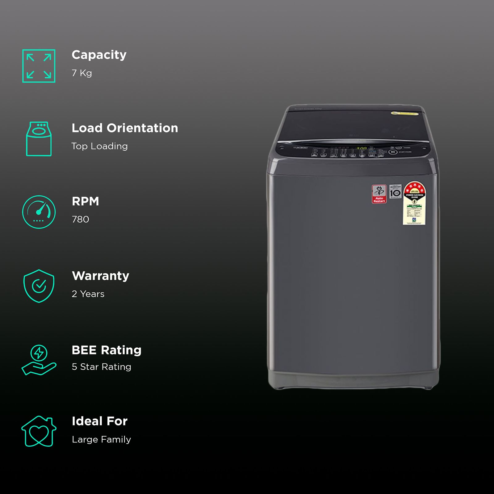 LG 7 kg 5 Star Inverter Fully Automatic Top Load Washing Machine (T70AJMB1Z.ABMQEIL, Stainless Steel Tub, Middle Black)_2