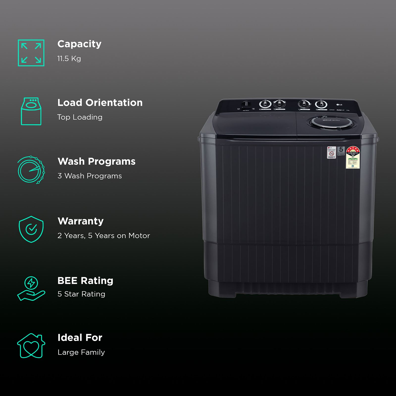 LG 11.5 kg 5 Star Semi Automatic Washing Machine with Roller Jet Pulsator (P115ASKAZ.ABMQEIL, Middle Black) LG 11.5 kg 5 Star Semi Automatic Washing Machine with Roller Jet Pulsator (P115ASKAZ.ABMQEIL, Middle Black)_2