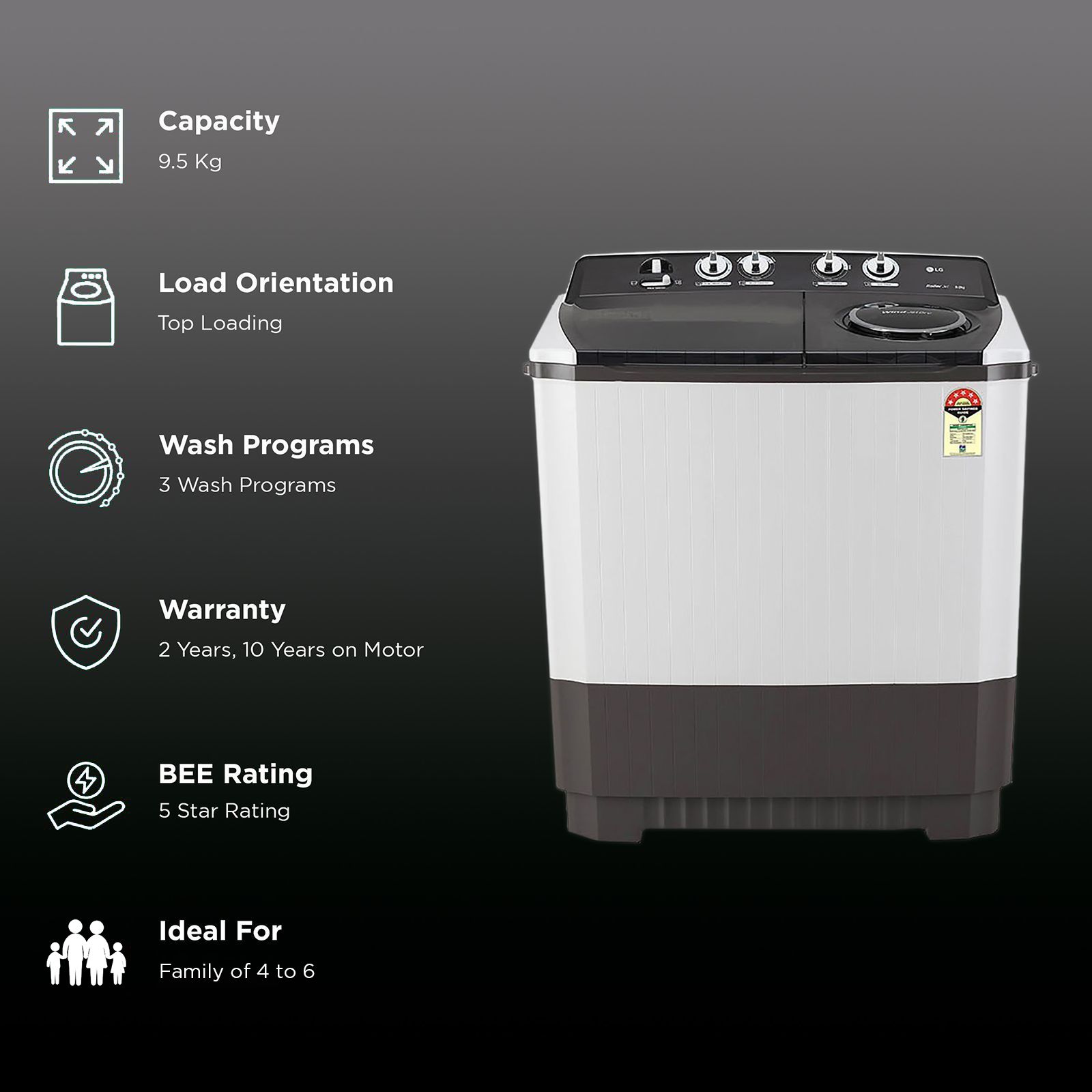LG 9.5 kg 5 Star Semi Automatic Washing Machine with Roller Jet Pulsator (P955ASGAZ.ADGQEIL, Dark Grey) LG 9.5 kg 5 Star Semi Automatic Washing Machine with Roller Jet Pulsator (P955ASGAZ.ADGQEIL, Dark Grey)_2