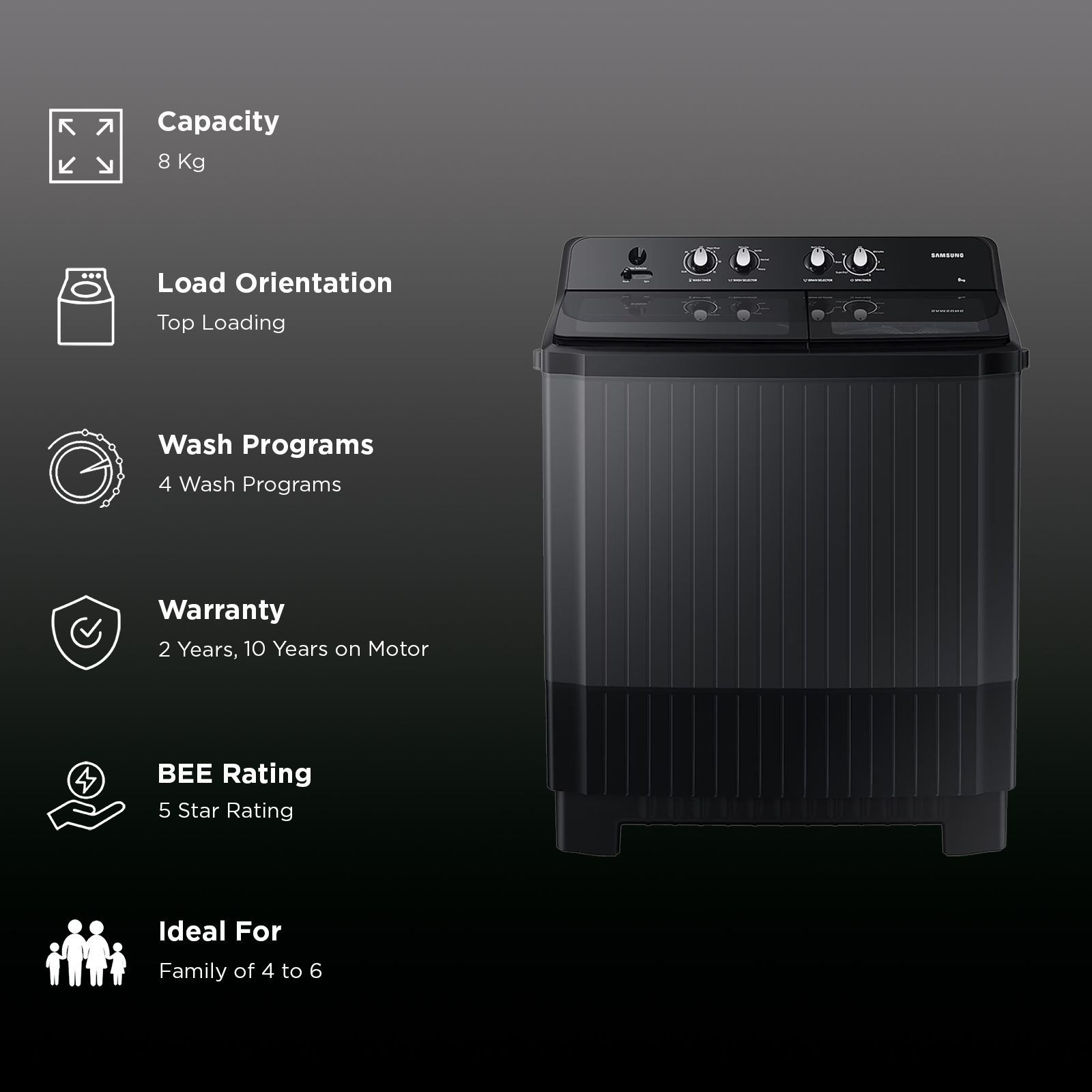 SAMSUNG 8 kg 5 Star Semi Automatic Washing Machine with Hexa Storm Pulsator (WT80B3560GB/TL, Dark Gray)_3