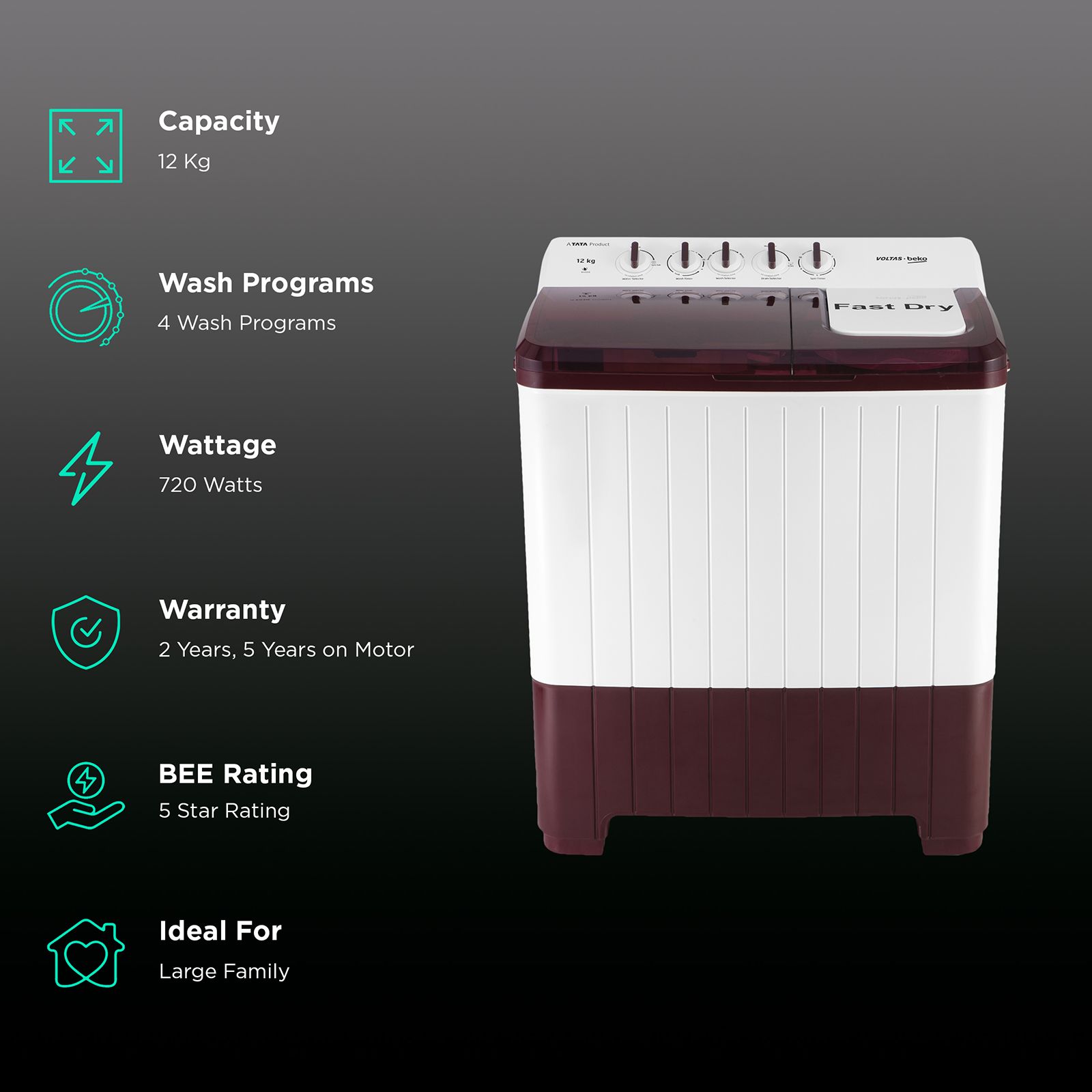 VOLTAS beko 12 kg 5 Star Semi Automatic Washing Machine with Cassette Filter (WTT120UPA/BR5KPTD, Burgundy) VOLTAS beko 12 kg 5 Star Semi Automatic Washing Machine with Cassette Filter (WTT120UPA/BR5KPTD, Burgundy)_2