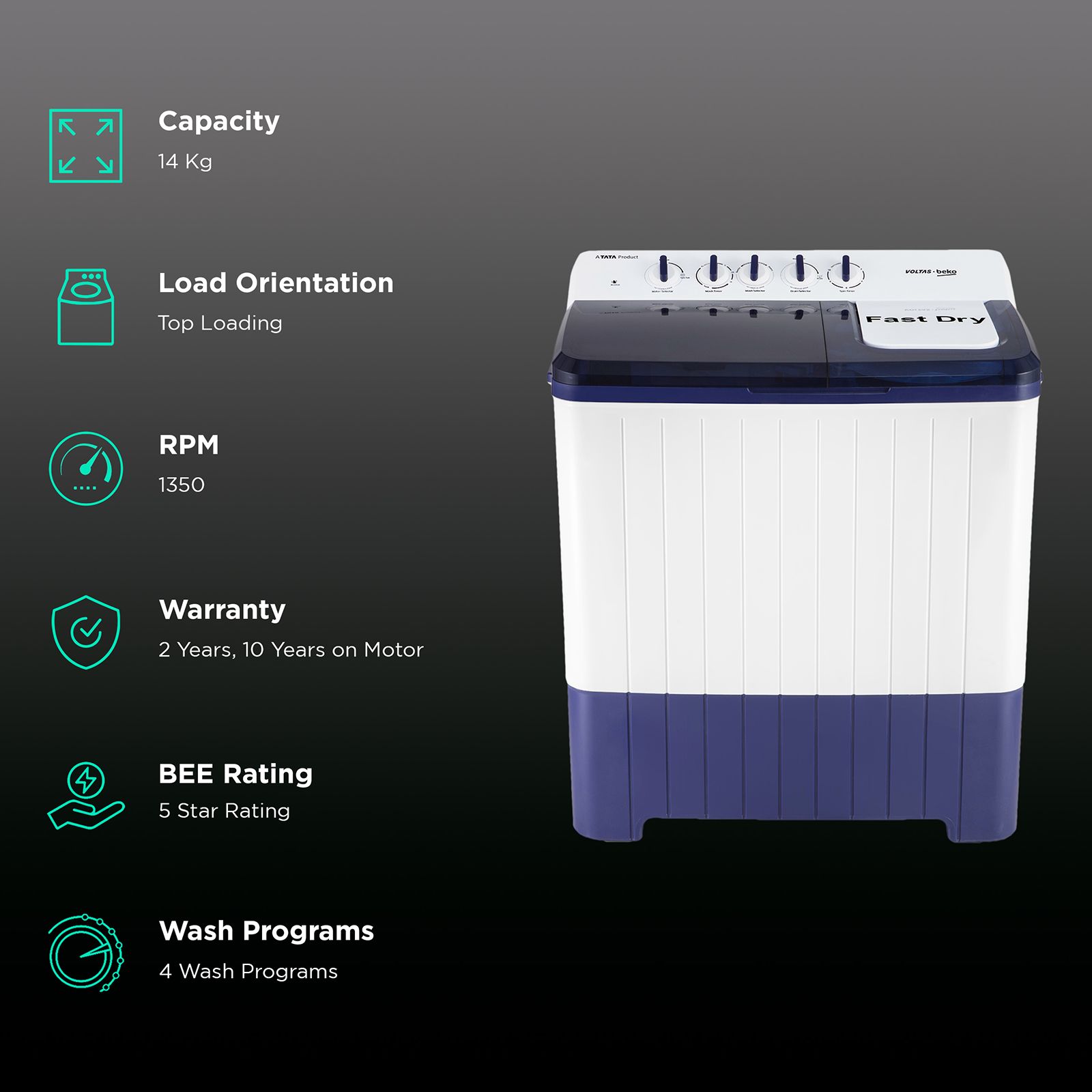 VOLTAS beko 14 kg 5 Star Semi Automatic Washing Machine with Cassette Filter (WTT140UPA/BL5KPTD, Blue) VOLTAS beko 14 kg 5 Star Semi Automatic Washing Machine with Cassette Filter (WTT140UPA/BL5KPTD, Blue)_2