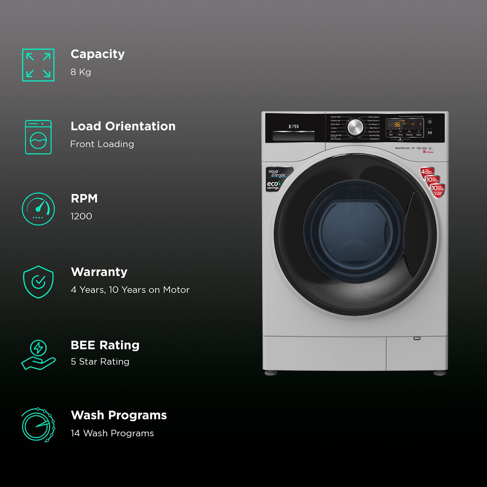 IFB 8 kg 5 Star Fully Automatic Front Load Washing Machine (Senator SXS 8012, In-built Heater, Silver)_2