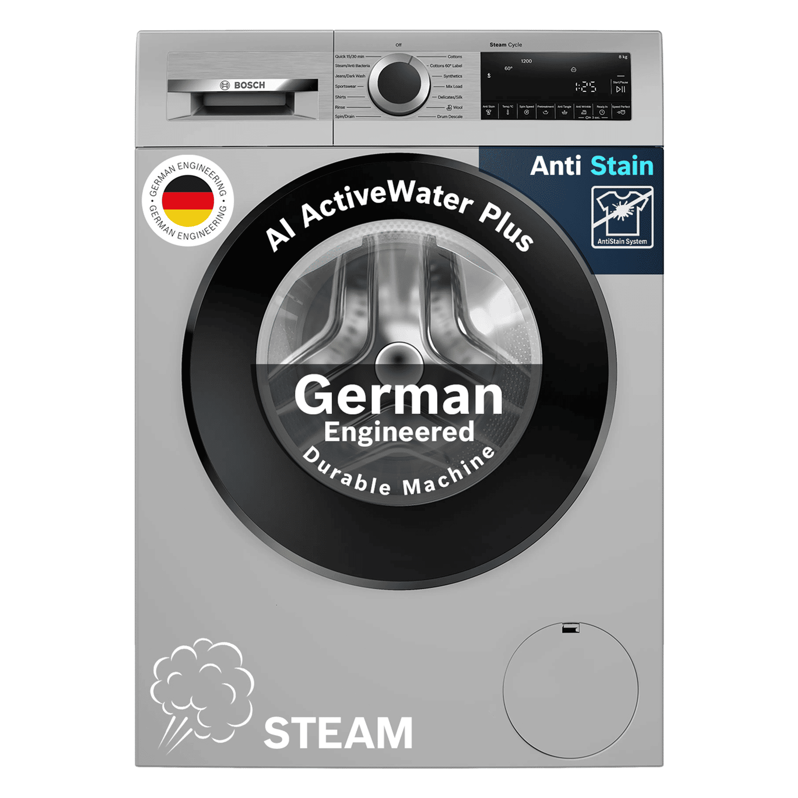 BOSCH 8 kg Fully Automatic Front Load Washing Machine (Series 6, WGA1320SIN, Auto Stain Removal, Silver)_1