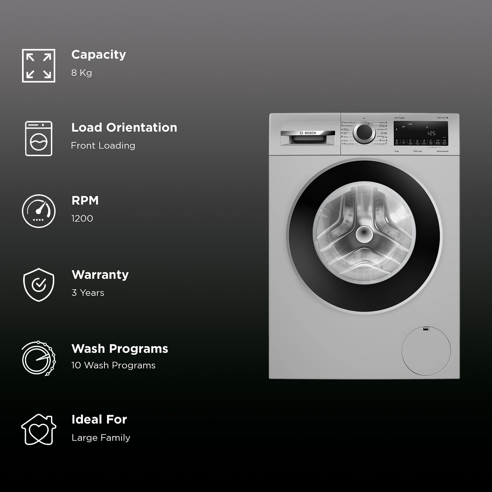 BOSCH 8 kg Fully Automatic Front Load Washing Machine (Series 6, WGA1320SIN, Auto Stain Removal, Silver)_2