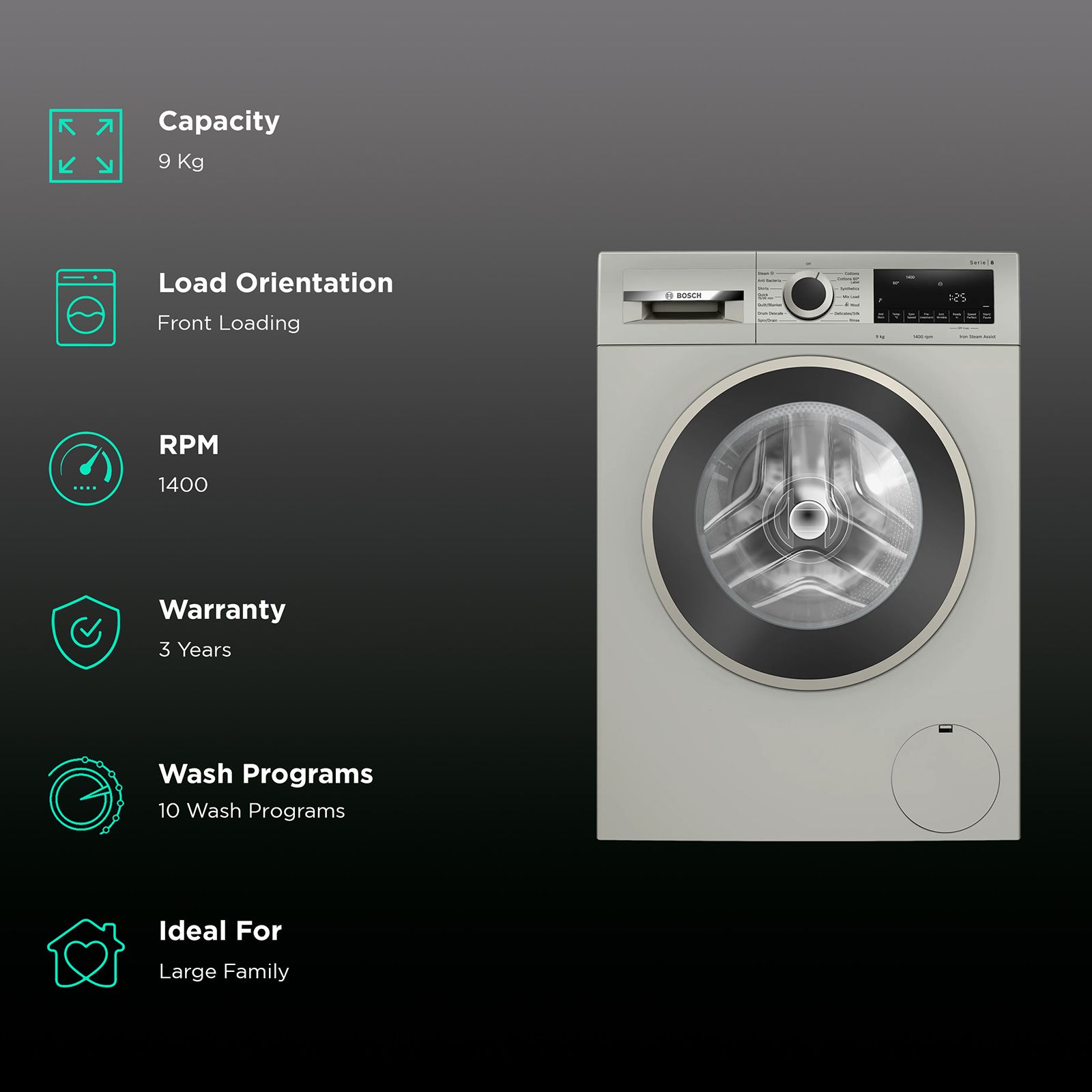 BOSCH 9 kg Fully Automatic Front Load Washing Machine (Series 8, WGA1440XIN, Multiple Water Protection, Silver Inox) BOSCH 9 kg Fully Automatic Front Load Washing Machine (Series 8, WGA1440XIN, Multiple Water Protection, Silver Inox)_2