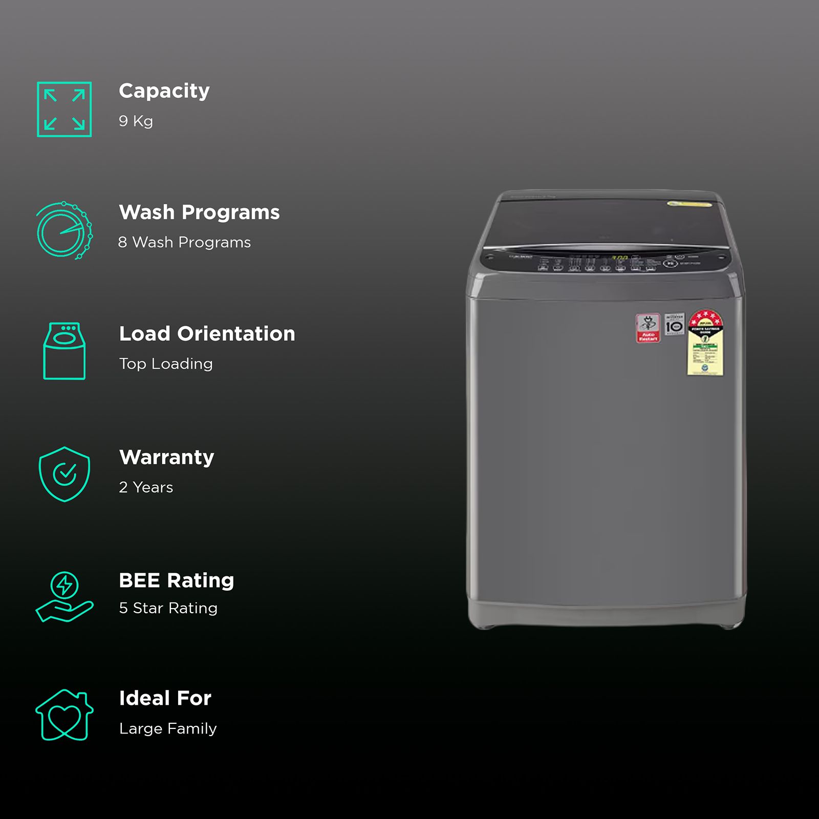 LG 9 kg 5 Star Fully Automatic Top Load Washing Machine (T90AJPB1Z.APBQEIL, 8 Wash Programs, Platinum Black)_2
