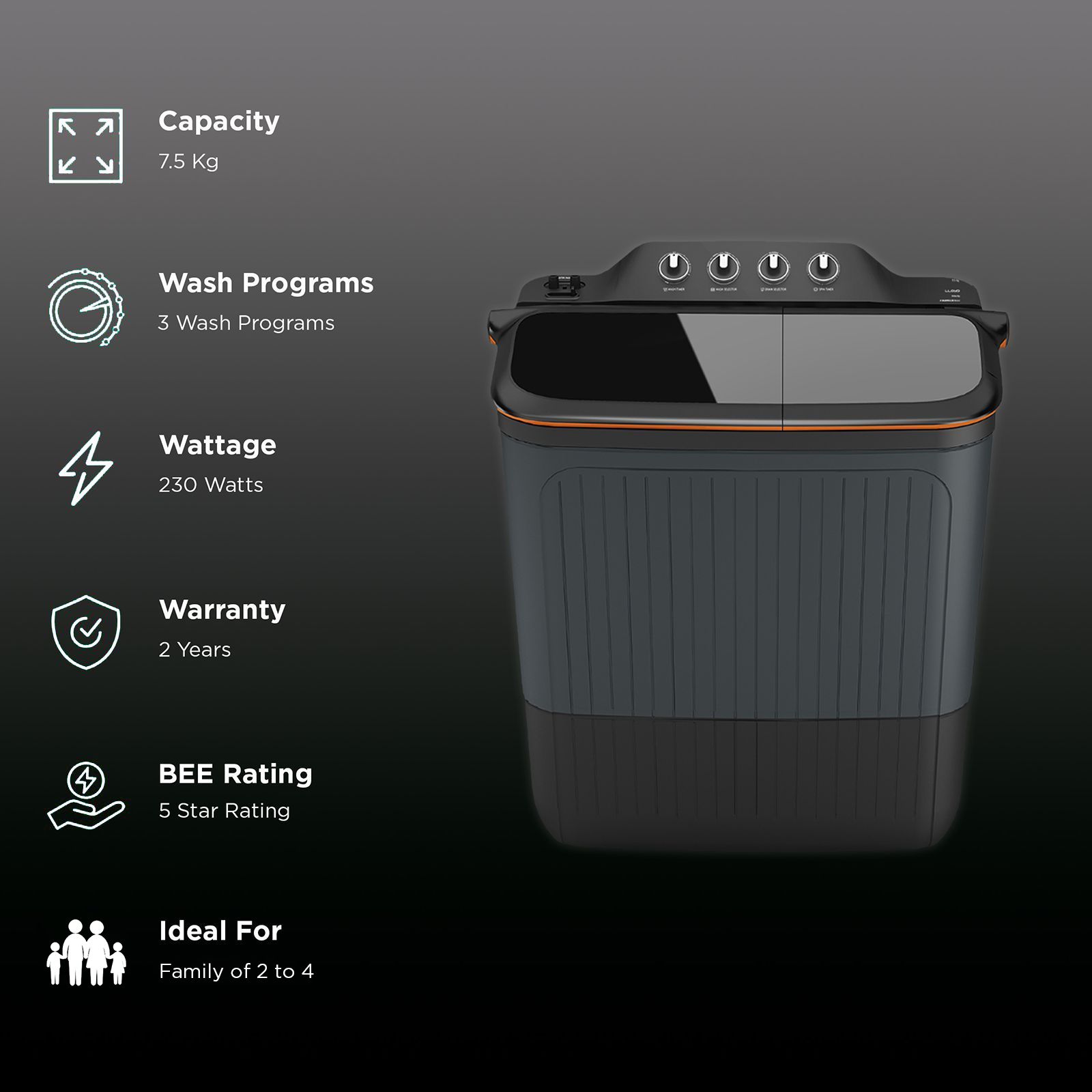 LLOYD 7.5 kg 5 Star Semi Automatic Washing Machine with 3 Wash Programs (GLWMS75CVGEL, Grey)_2