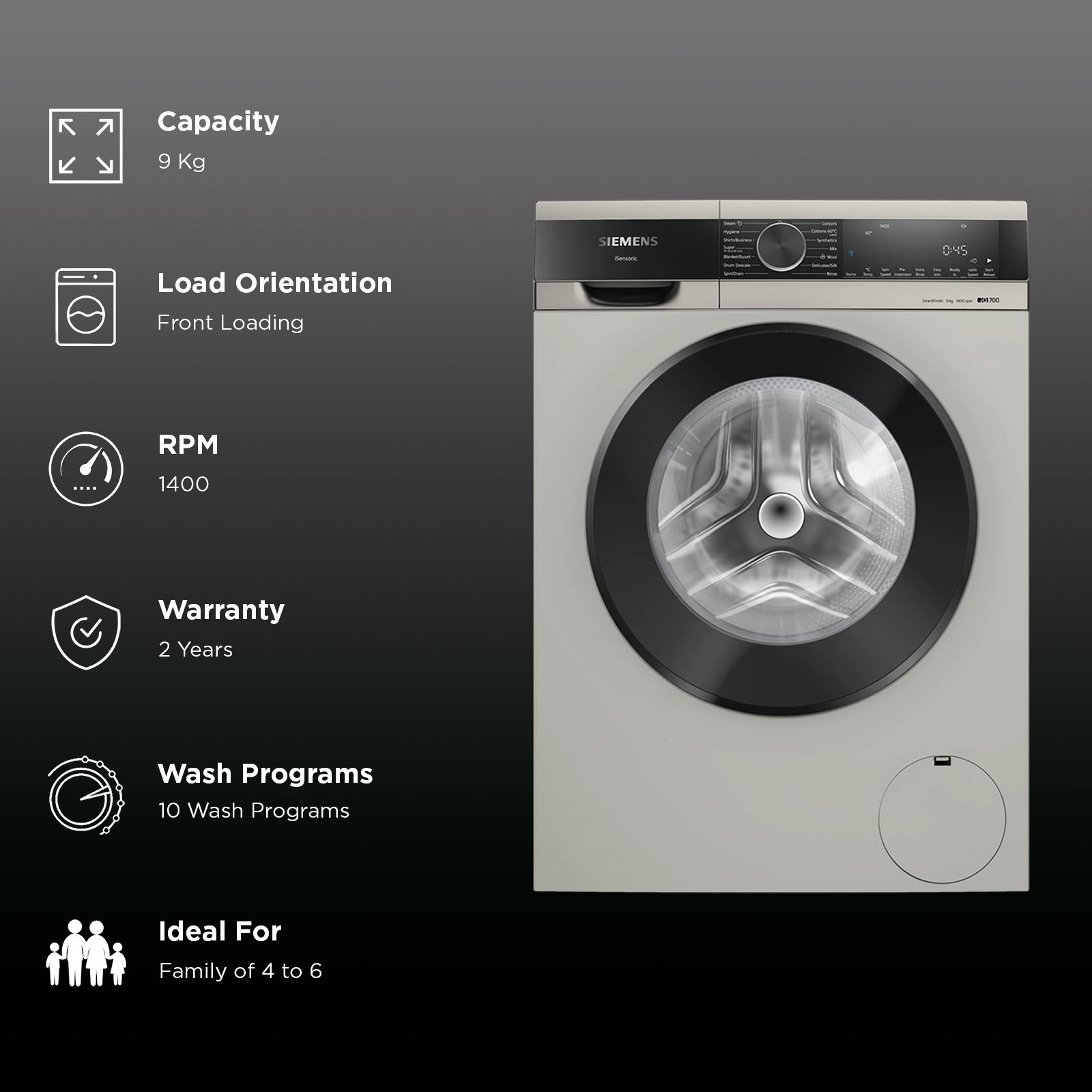 SIEMENS 9 kg Fully Automatic Front Load Washing Machine (iQ700, WG44A20XIN, Multiple Water Protection, Silver Inox) SIEMENS 9 kg Fully Automatic Front Load Washing Machine (iQ700, WG44A20XIN, Multiple Water Protection, Silver Inox)_2
