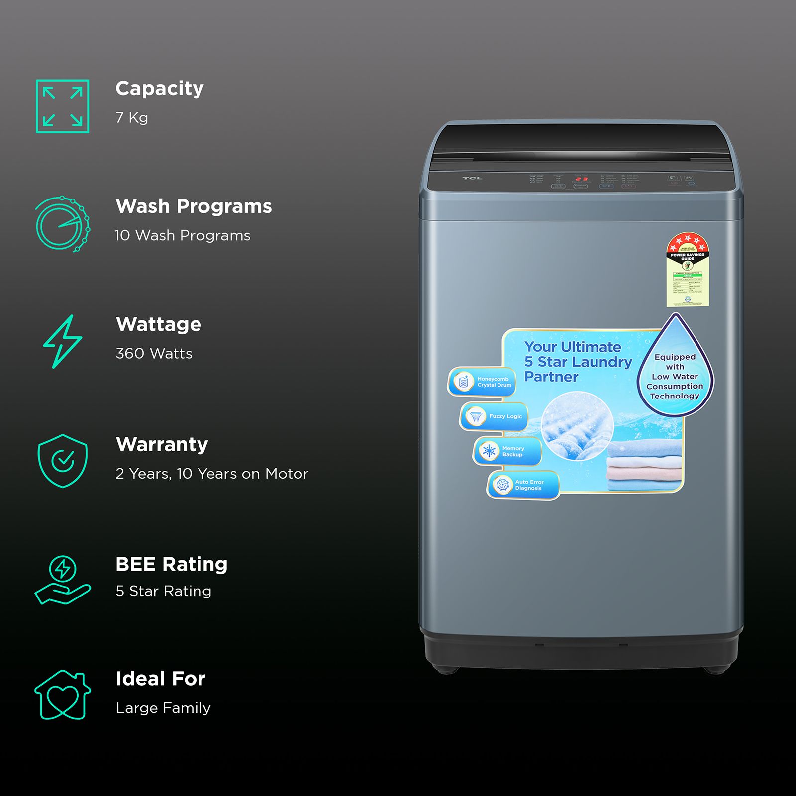 TCL 7 kg 5 Star Fully Automatic Top Load Washing Machine (F103, F3070TLG, Water Blow Pulsator, Dark Grey) TCL 7 kg 5 Star Fully Automatic Top Load Washing Machine (F103, F3070TLG, Water Blow Pulsator, Dark Grey)_2